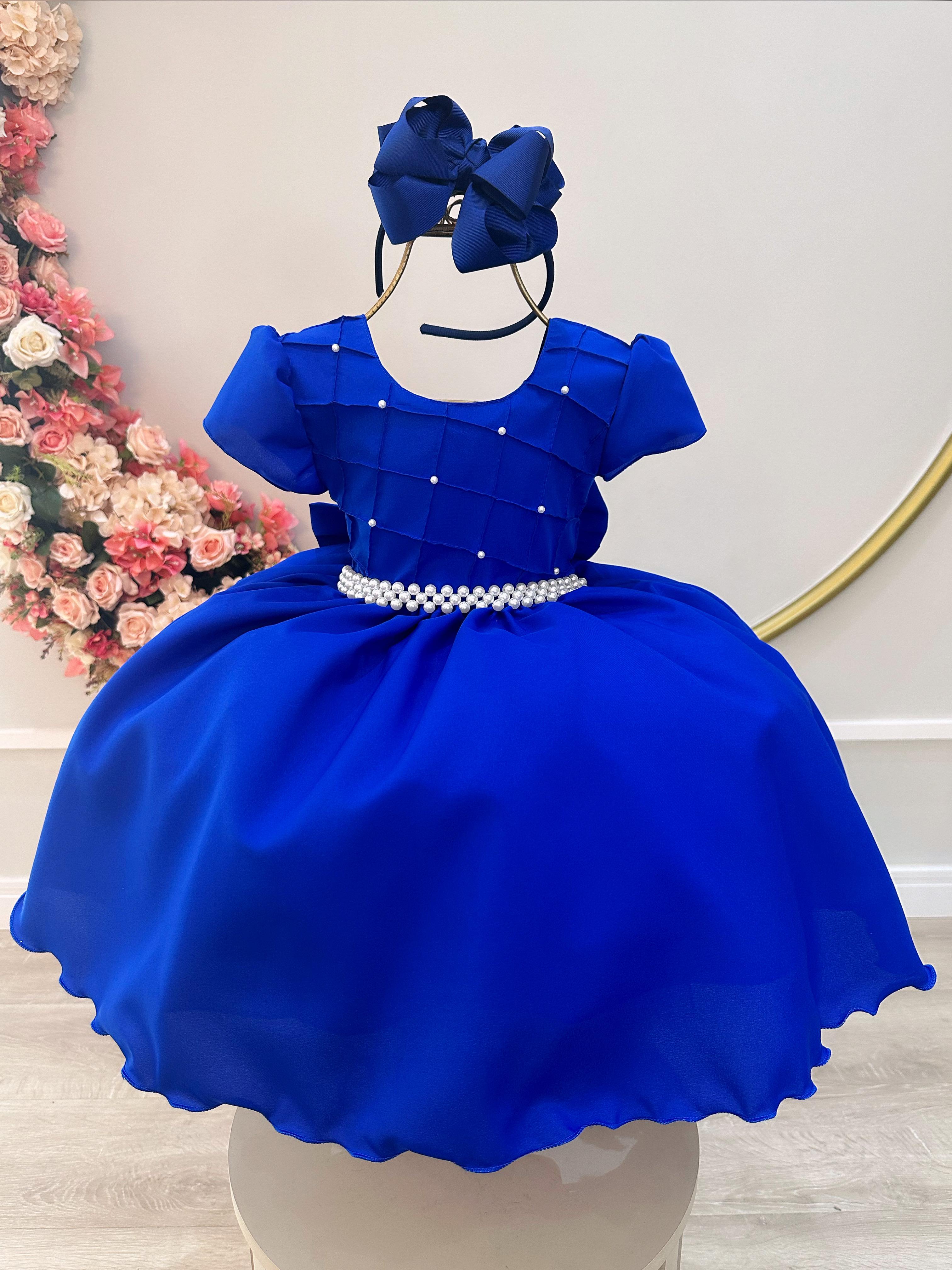 Vestido Infantil Azul Royal Com Busto Nervura Pérolas Daminha