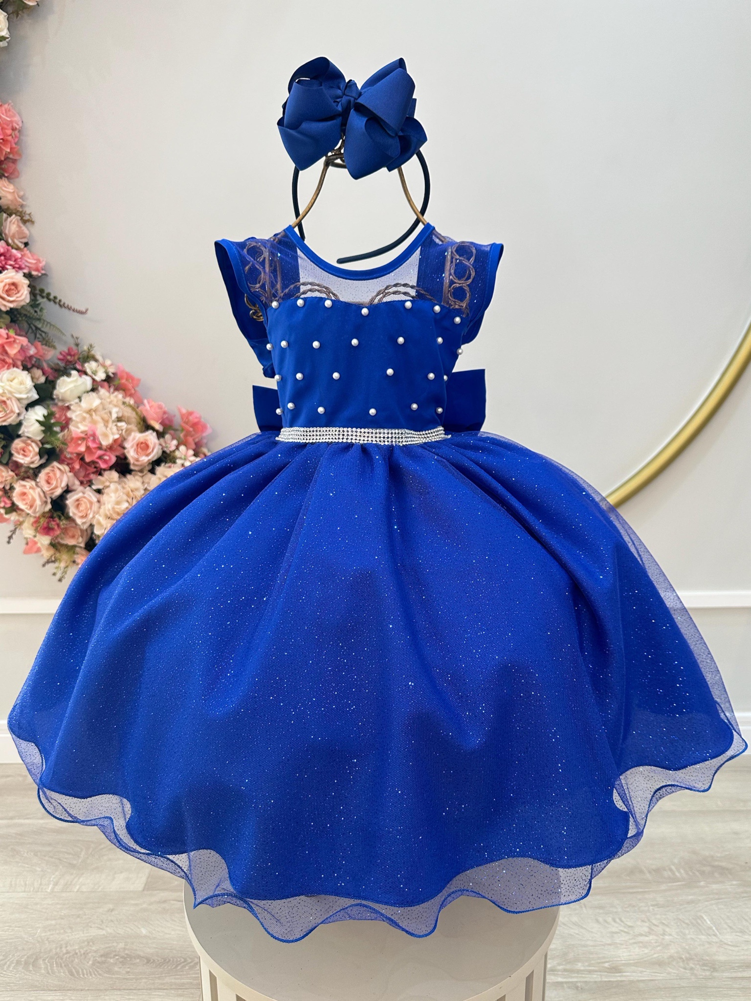Vestido Infantil Azul Royal Pérolas Saia C/ Glitter Daminhas