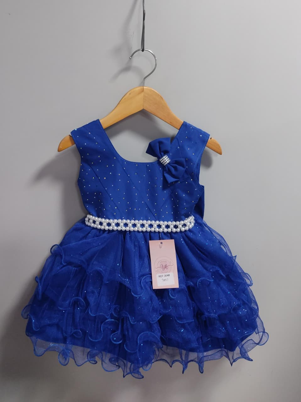 Vestido Infantil Azul Royal Saia C/ Babados e Glitter Daminha