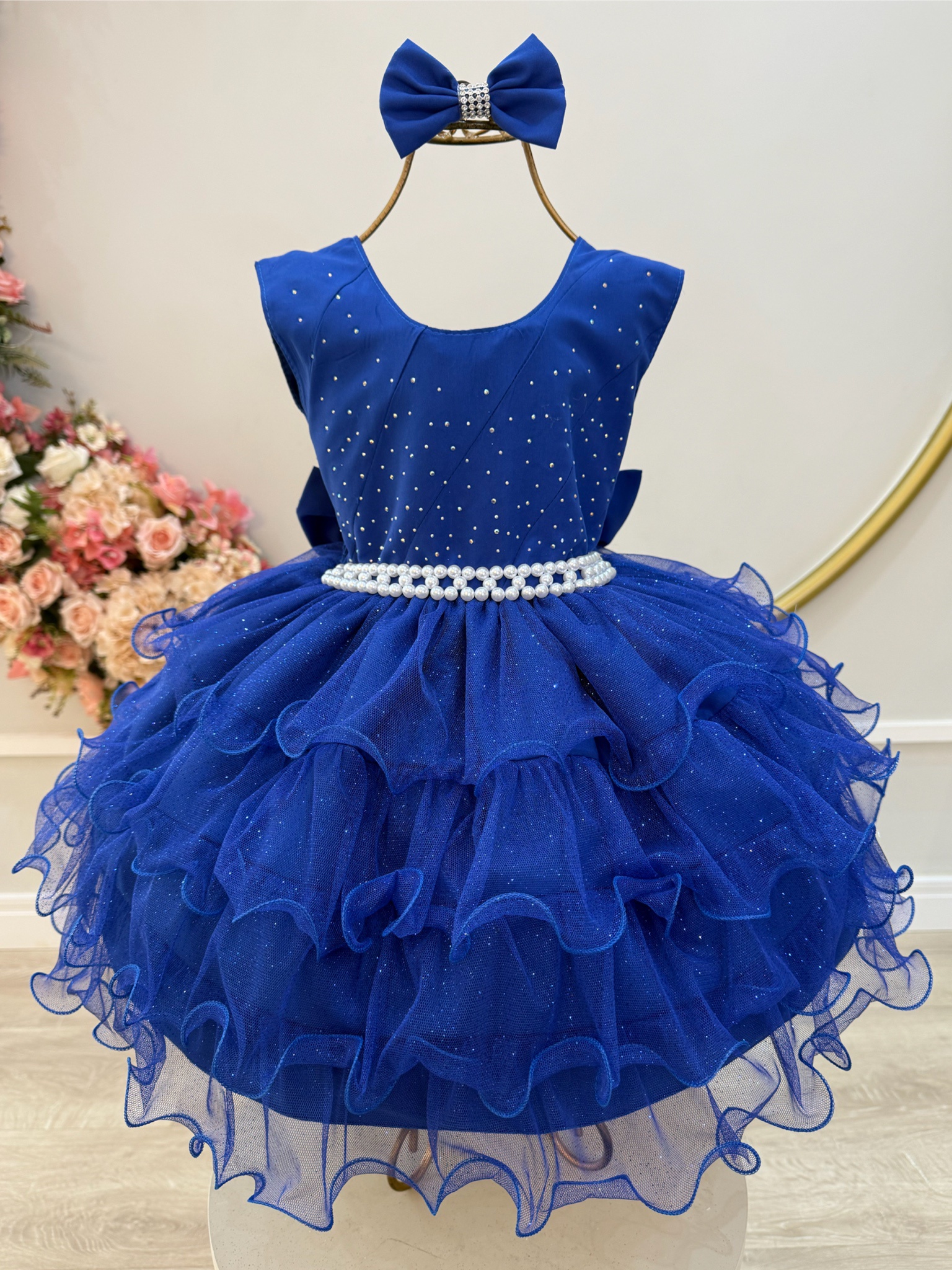 Vestido Infantil Azul Royal Saia C/ Babados e Glitter Daminha