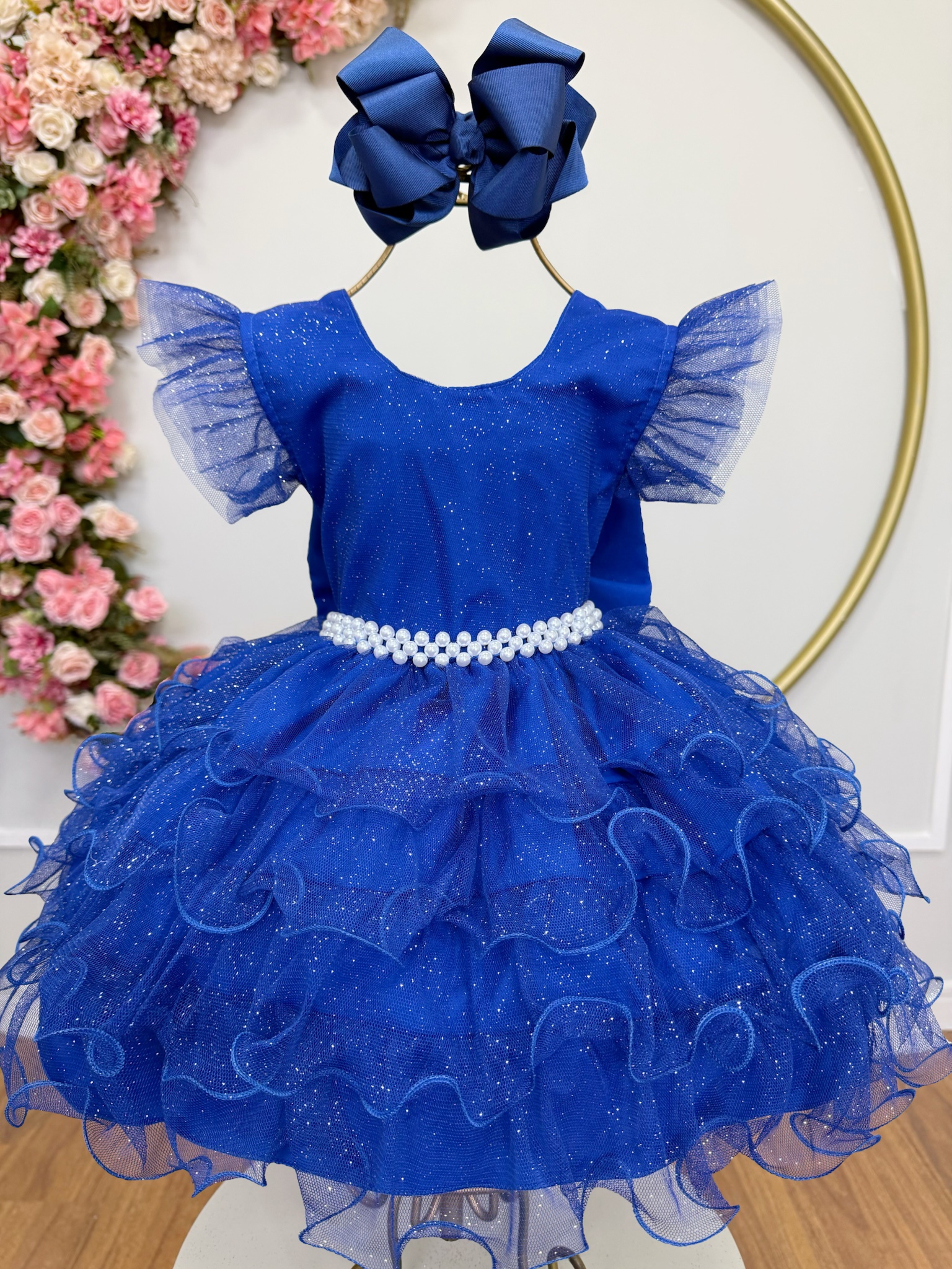 Vestido Infantil Azul Royal Saia C/ Babados e Glitter Festas