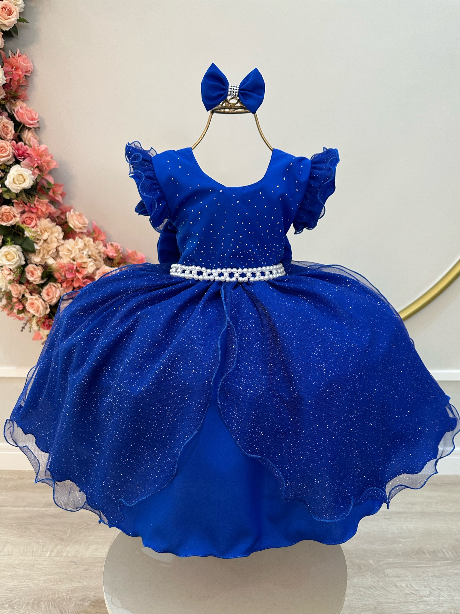 Vestido Infantil Azul Royal Saia C/ Tule e Glitter Daminhas