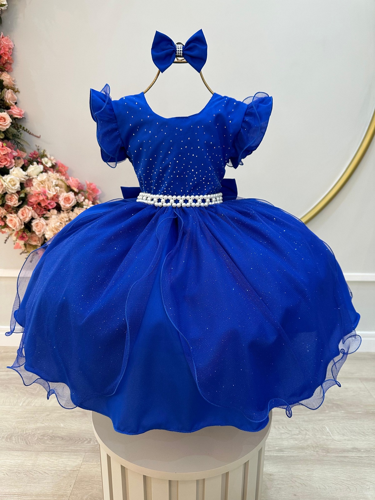 Vestido Infantil Azul Royal Saia C/ Tule e Glitter Daminhas
