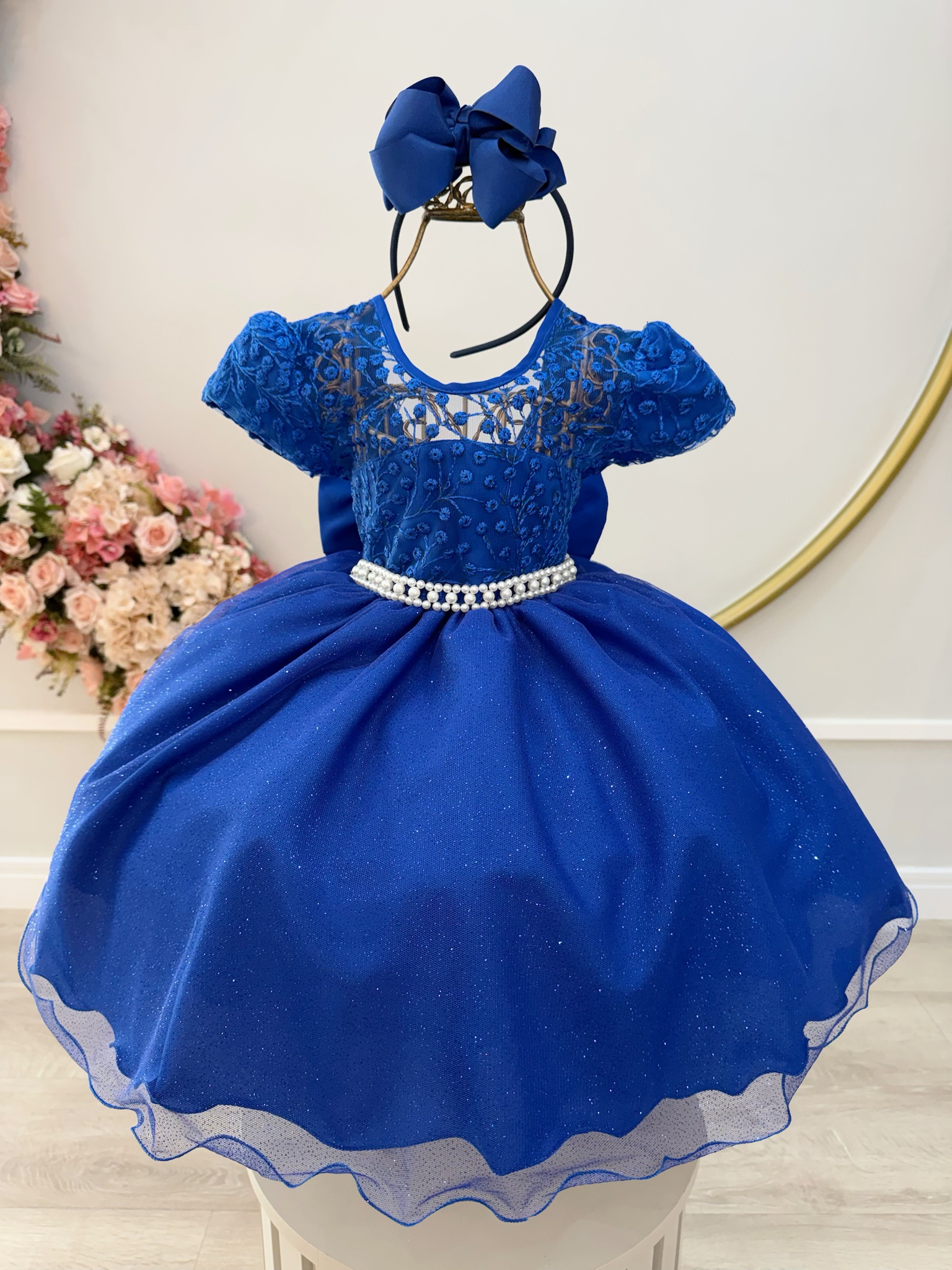 Vestido Infantil Azul Royal Tule Bordado com Glitter Daminhas