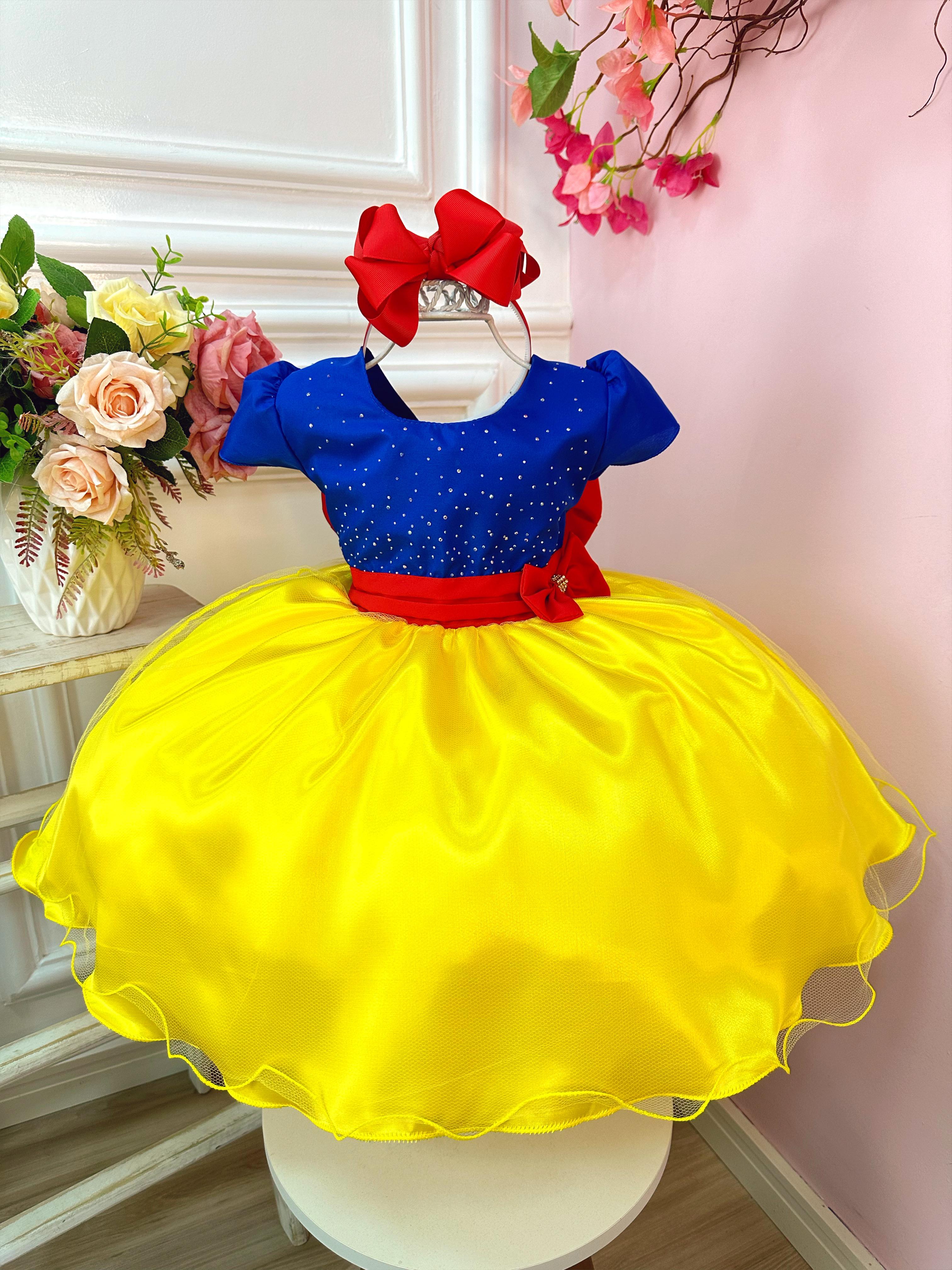 Vestido Infantil Branca de Neve Amarelo Azul C/ Broche