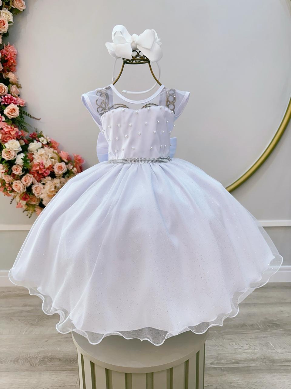 Vestido Infantil Branco com Pérolas Saia C/ Glitter Daminhas