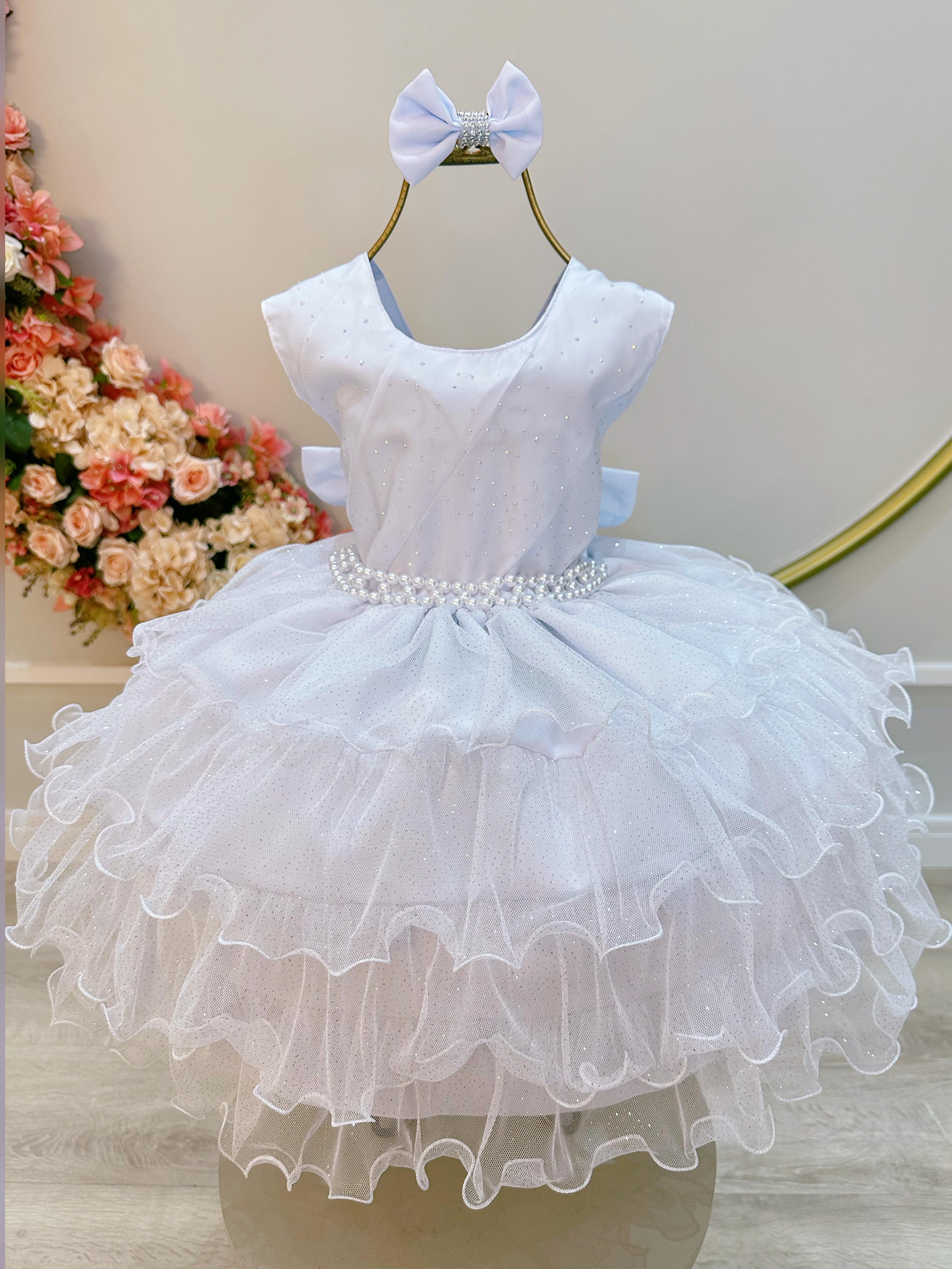 Vestido Infantil Branco Saia Babado e Glitter Pérolas Daminha