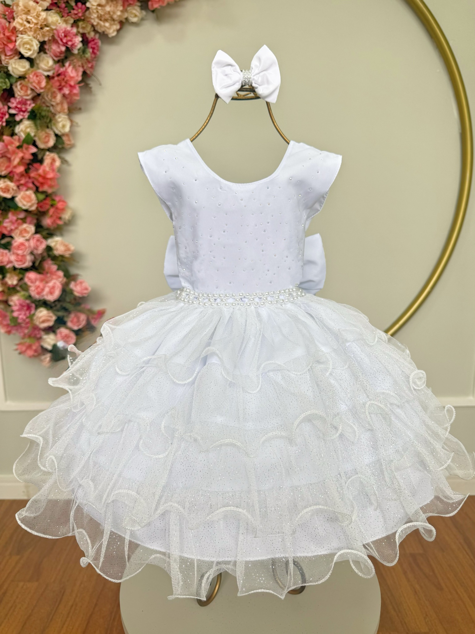 Vestido Infantil Branco Saia C/ Babados e Glitter Daminha