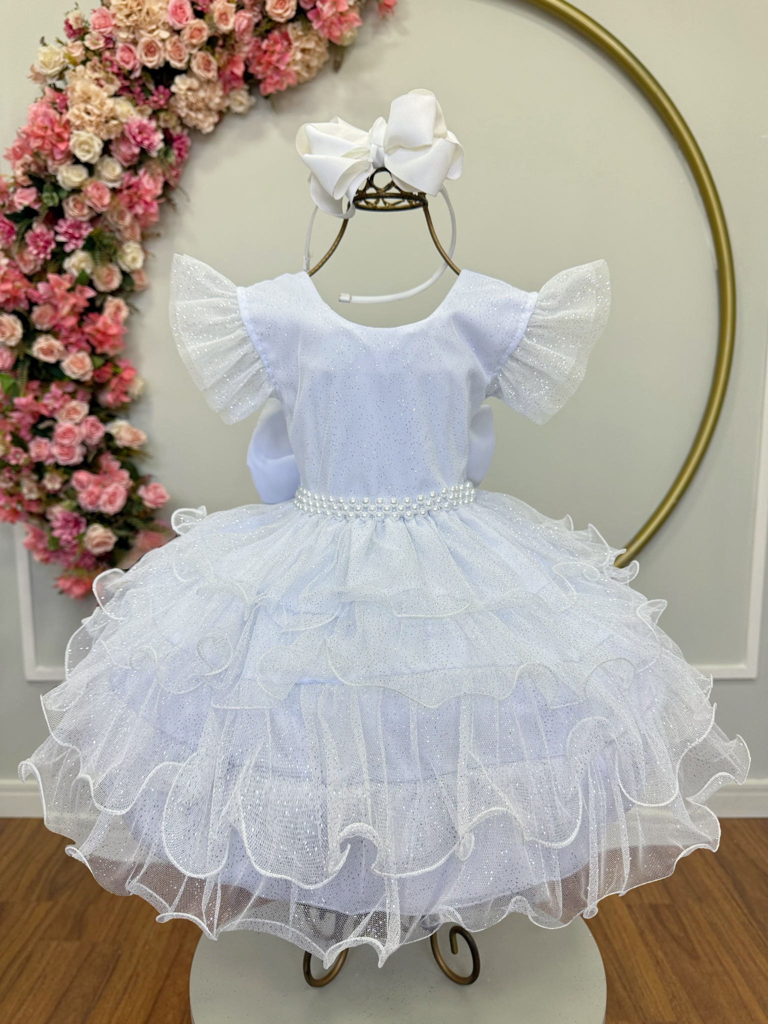 Vestido Infantil Branco Saia C/ Babados e Glitter Festas