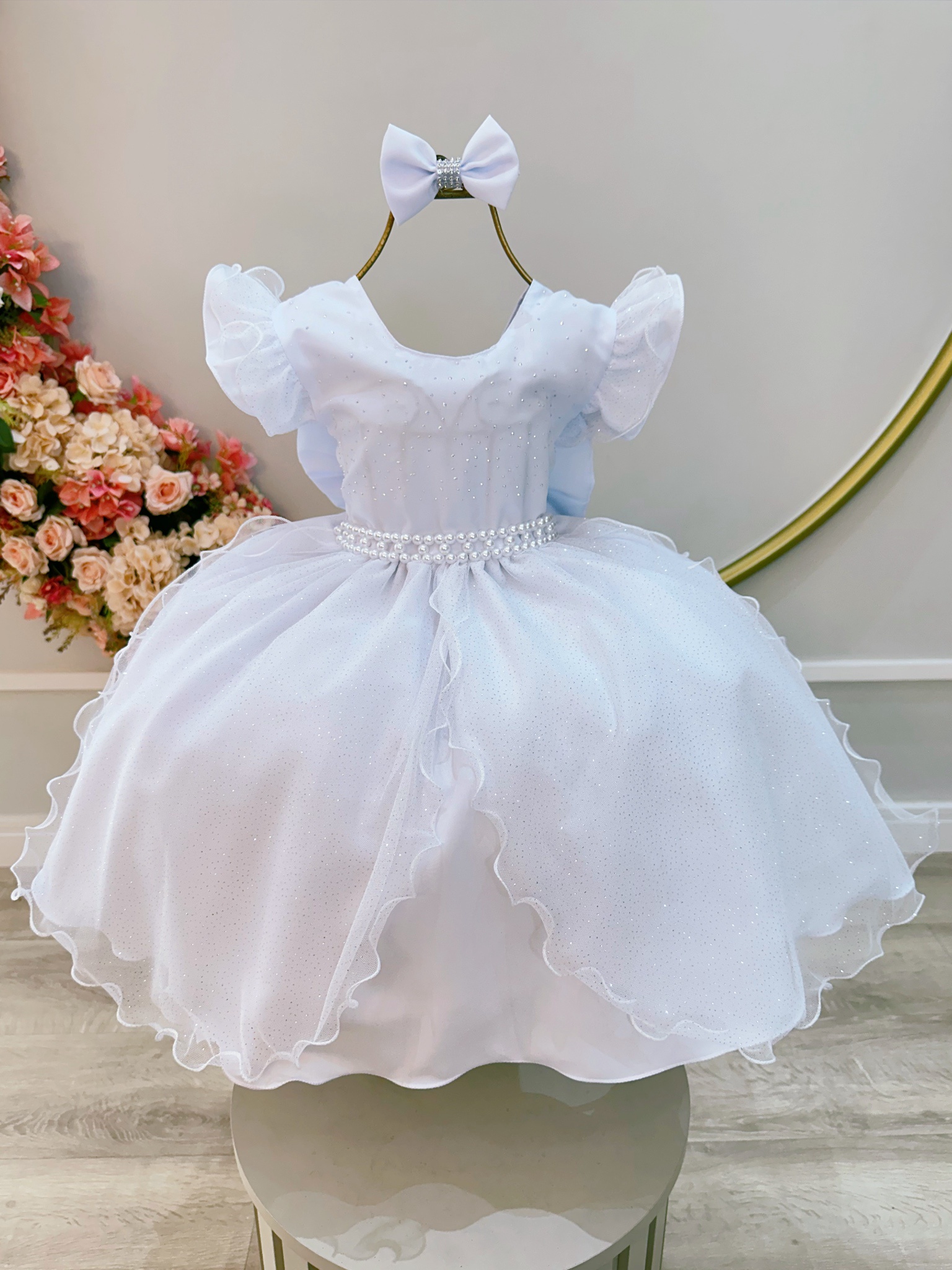 Vestido Infantil Branco Saia Com Tule e Glitter Daminha