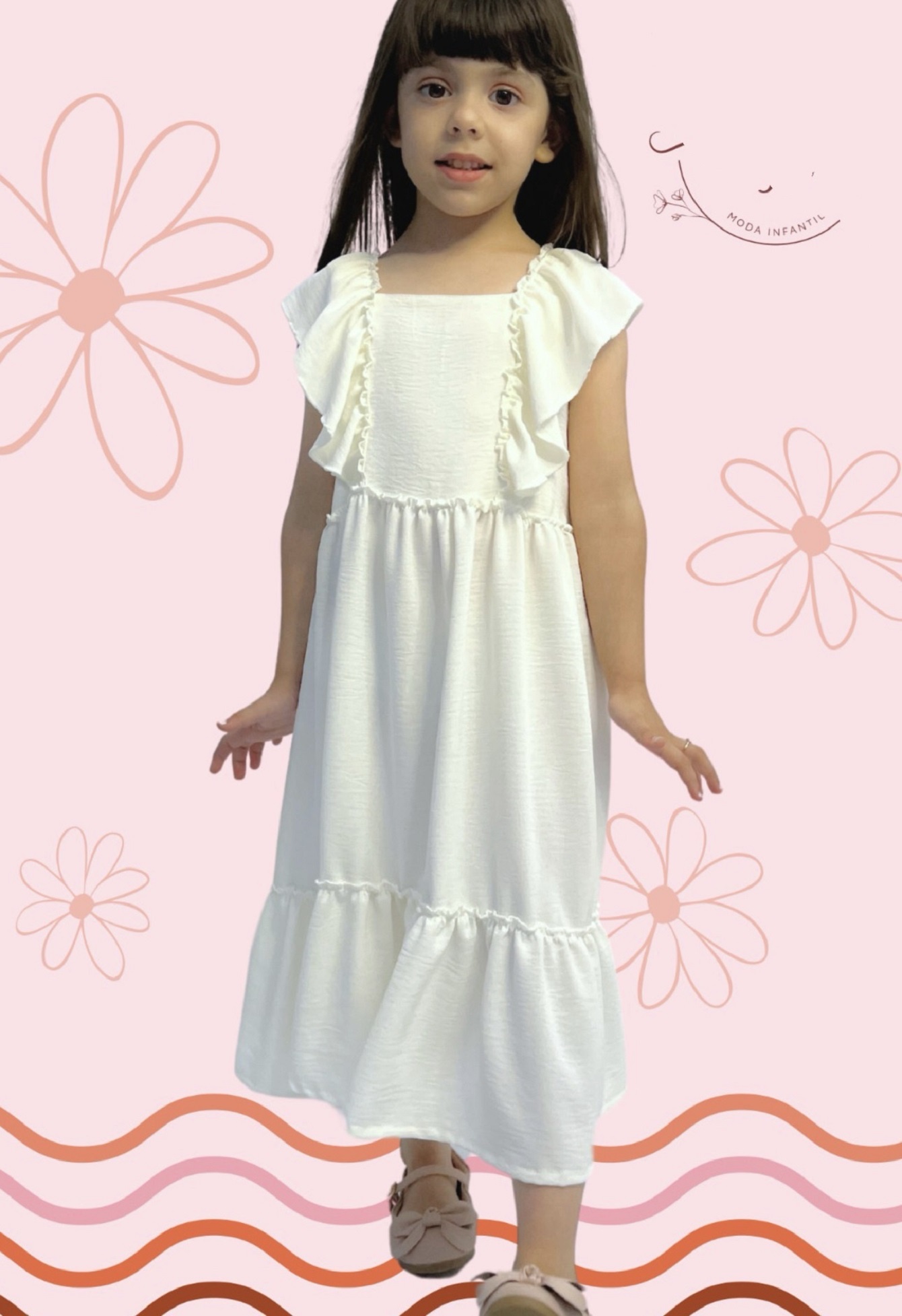 Vestido infantil Crepinho Off White C/ Babados Luxo Casual