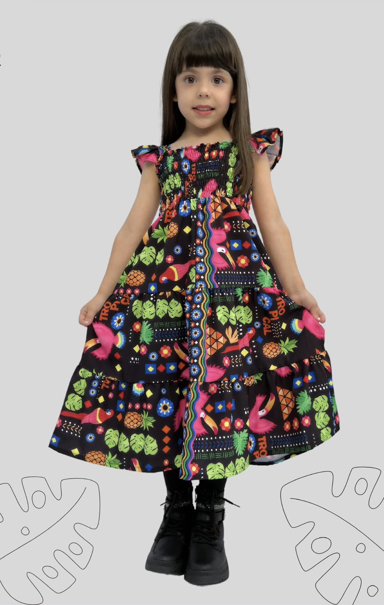 Vestido infantil Crepinho Preto Florido Colorido Luxo