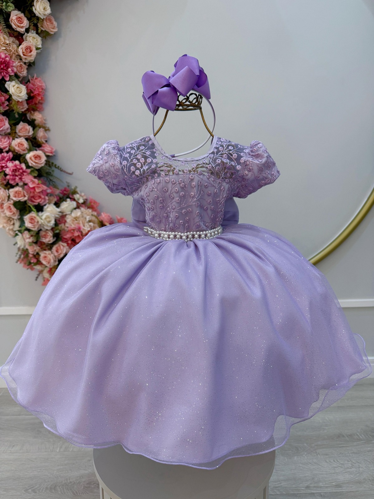 Vestido Infantil Lilás C/ Tule Bordado com Glitter Daminhas