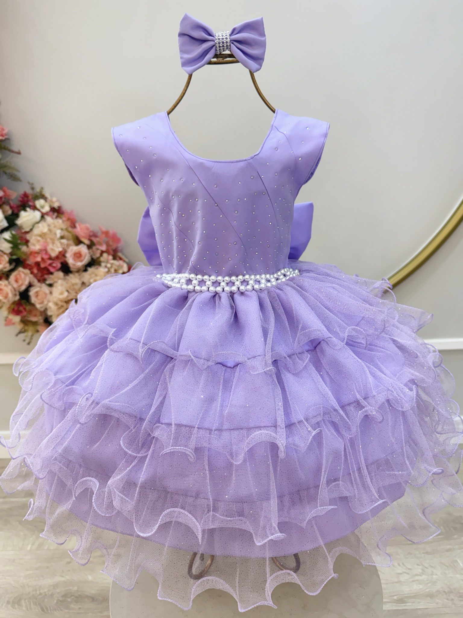 Vestido Infantil Lilás Saia C/ Babados e Glitter Daminha