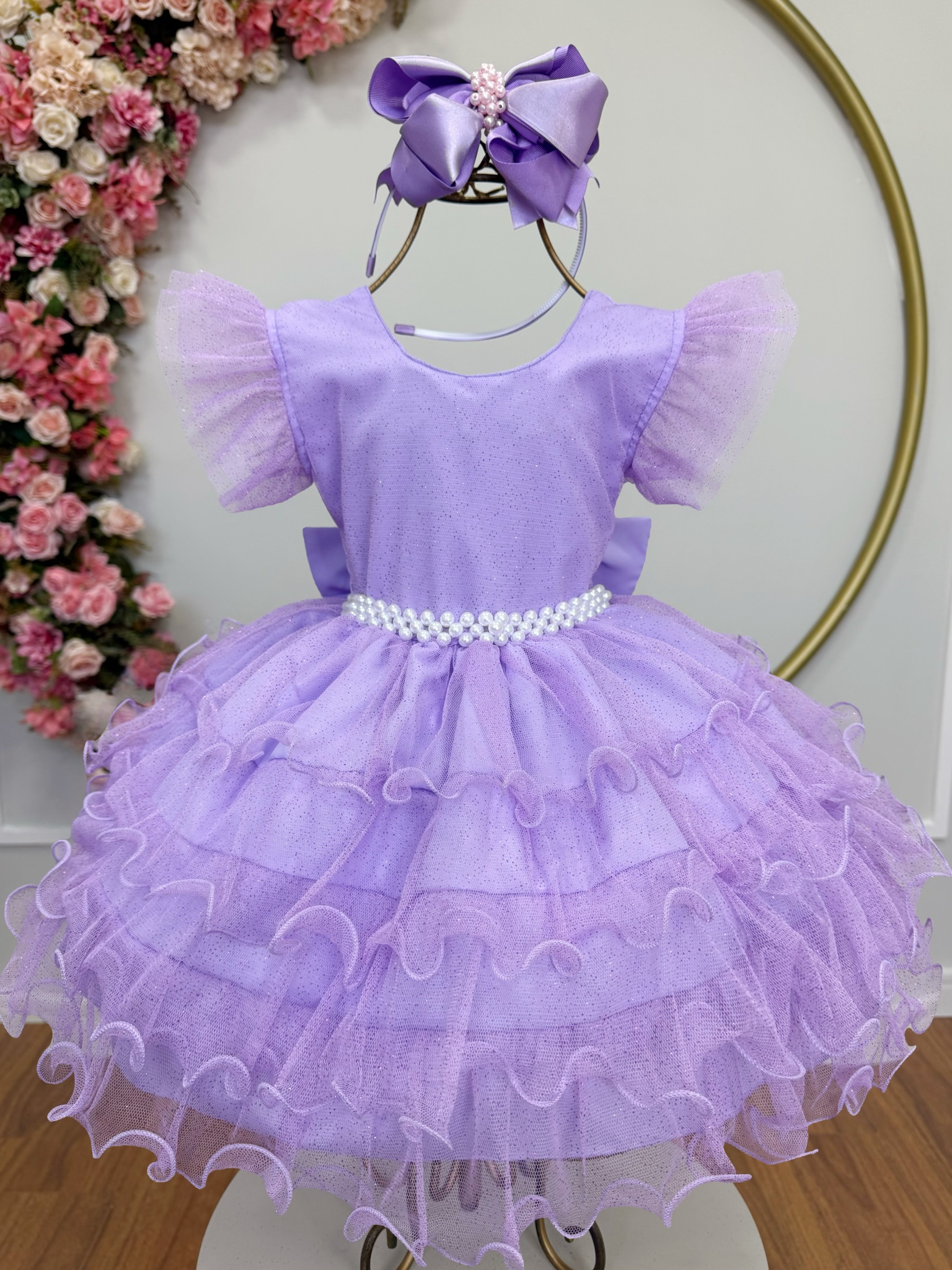 Vestido Infantil Lilás Saia C/ Babados e Glitter Festas