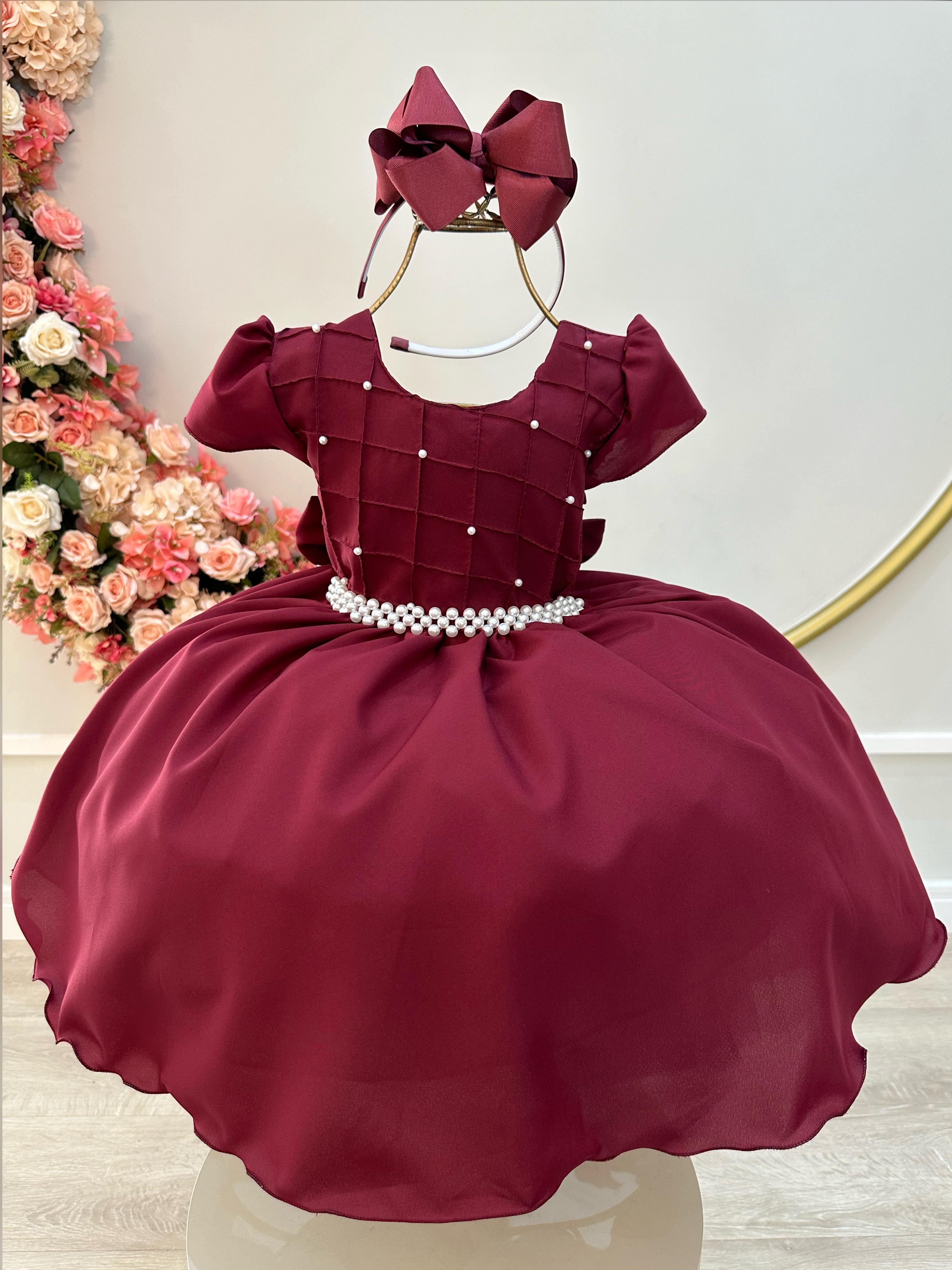 Vestido Infantil Marsala Com Busto Nervura Pérolas Daminha