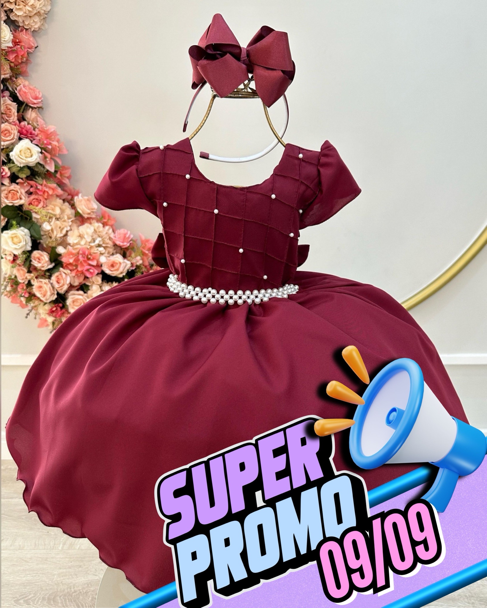 Vestido Infantil Marsala Com Busto Nervura Pérolas Daminha