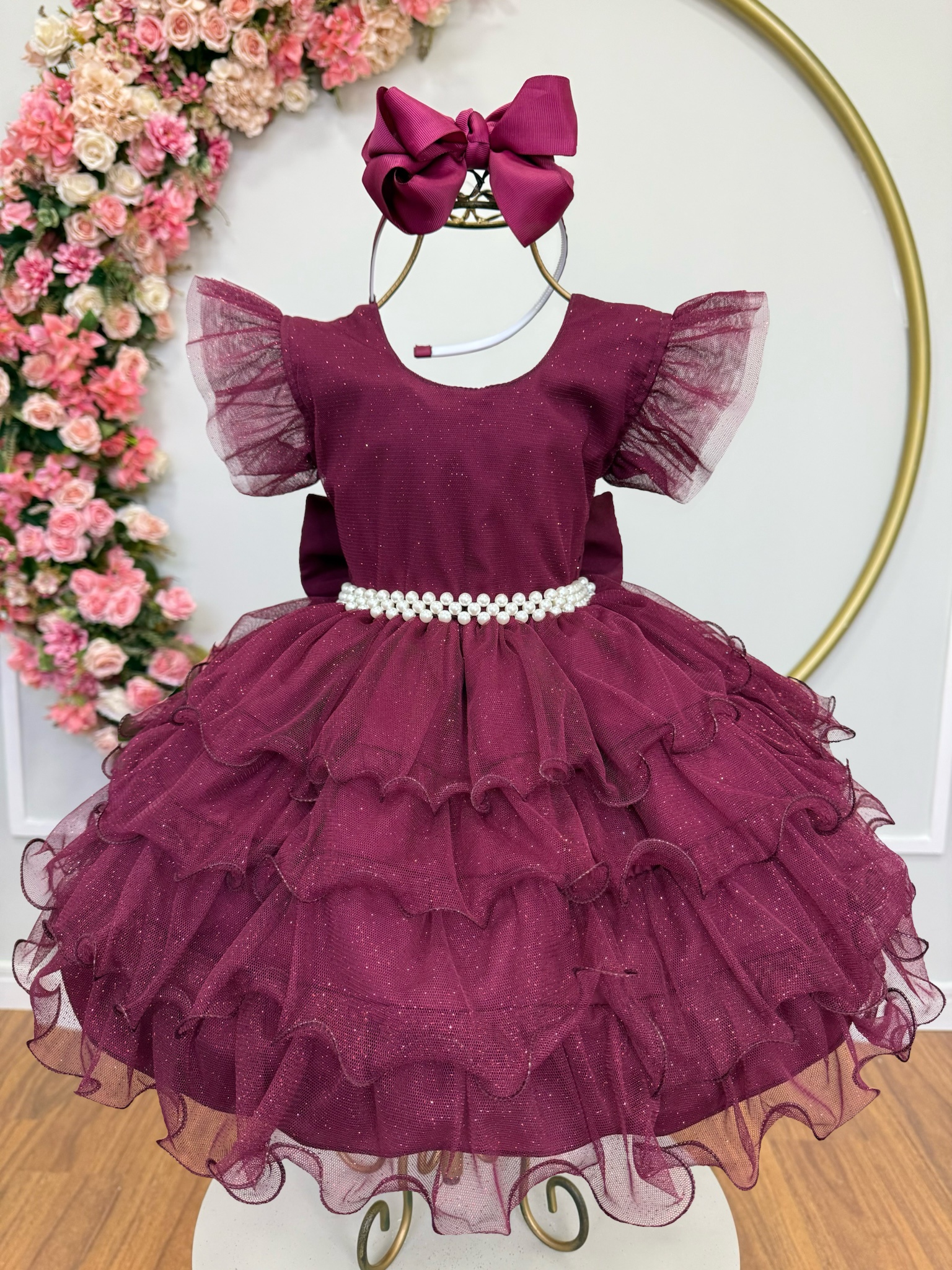 Vestido Infantil Marsala Saia C/ Babados e Glitter Festas