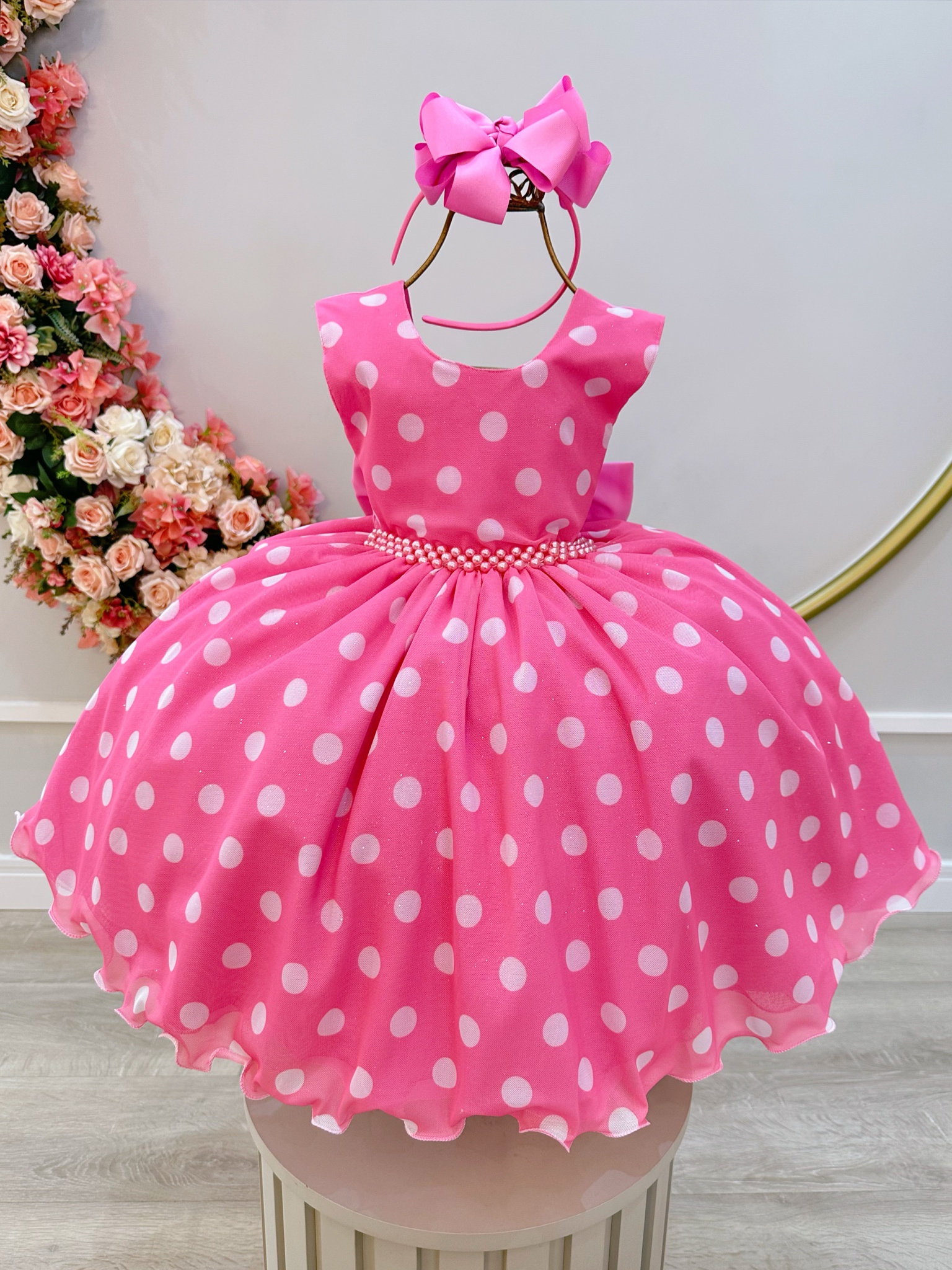 Vestido Infantil Minnie Rosa Bolinhas Brancas Festas Luxo