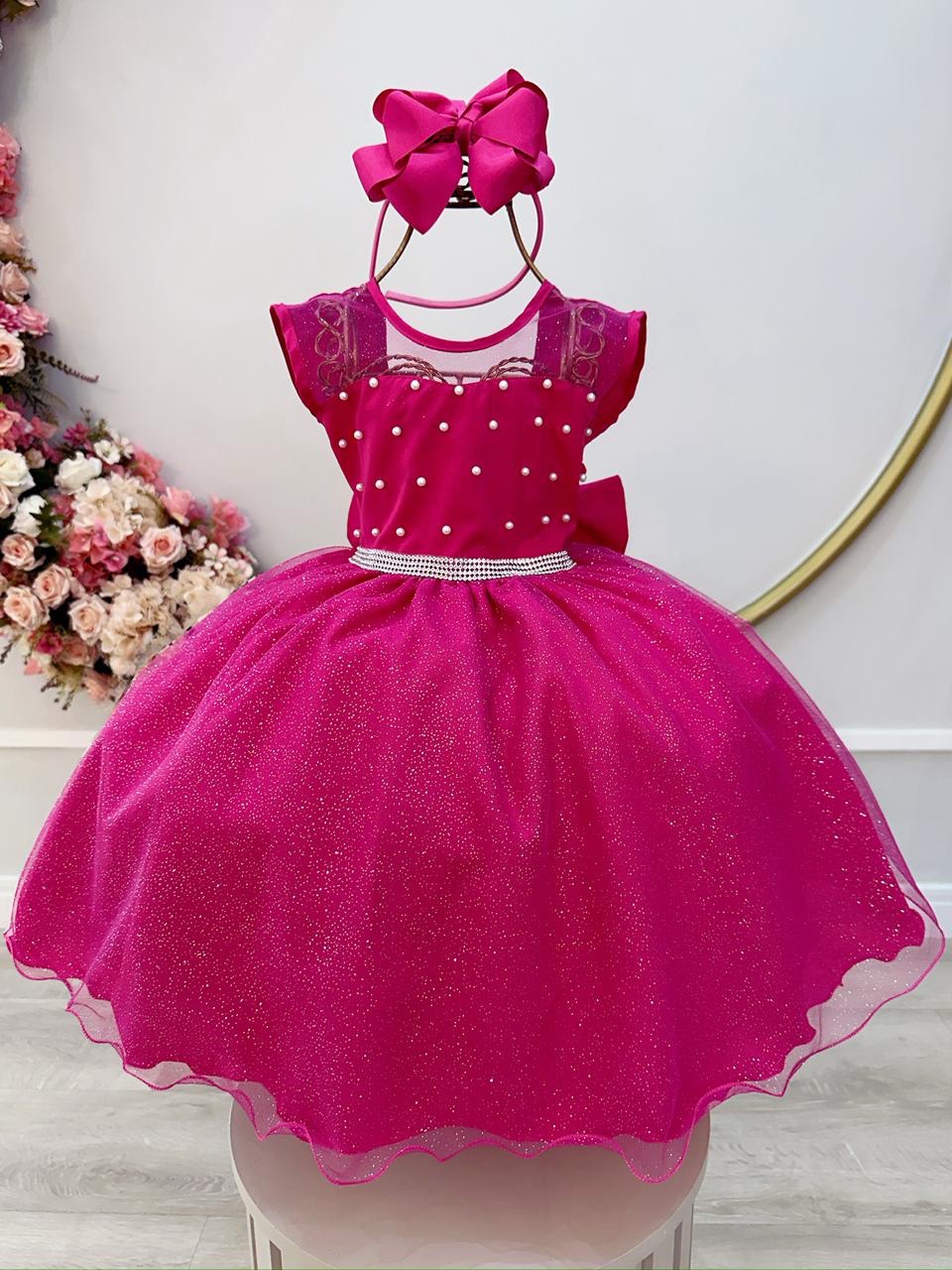 Vestido Infantil Pink com Pérolas Saia C/ Glitter Daminhas