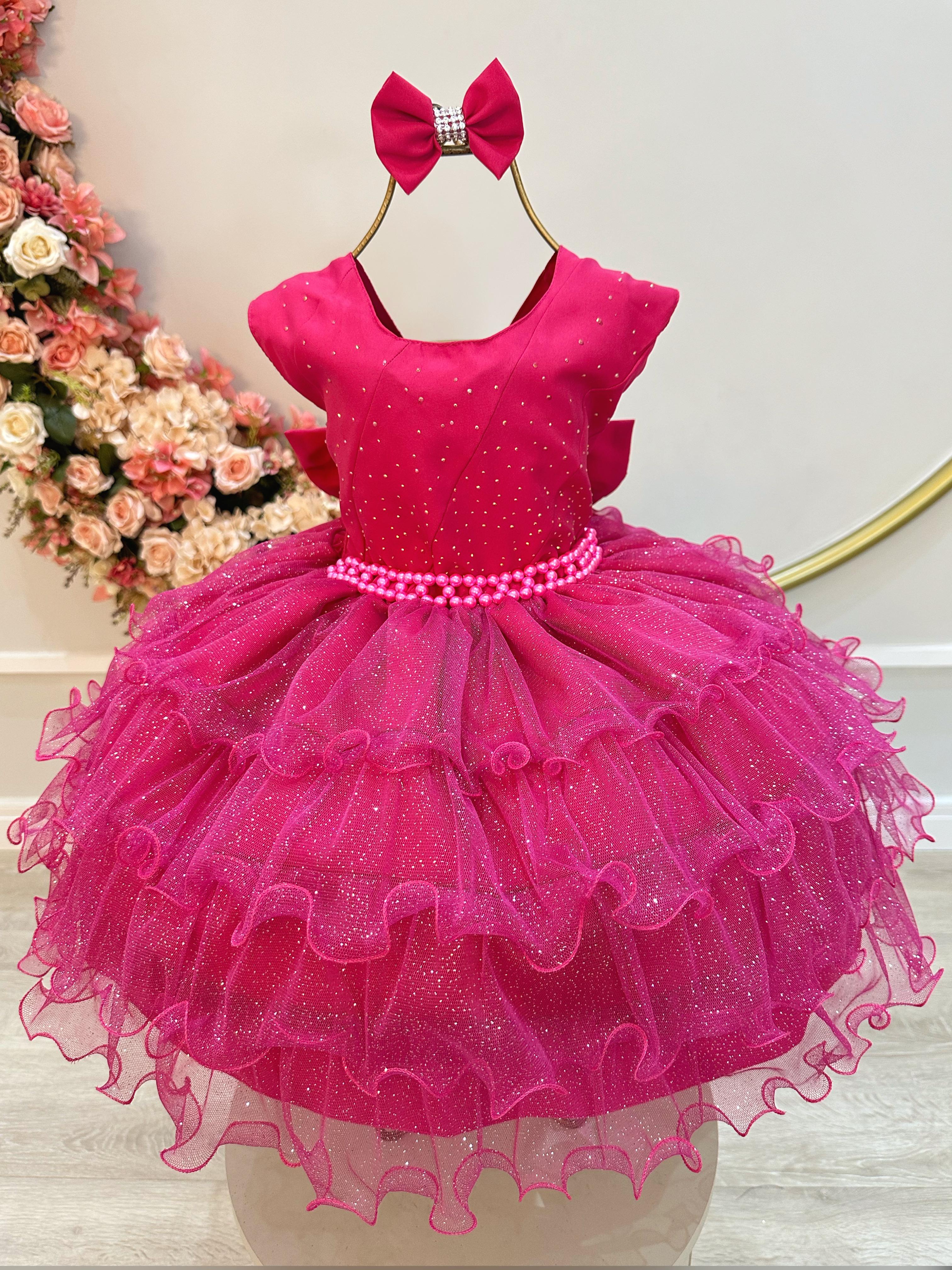 Vestido Infantil Pink Saia C/ Babados e Glitter Daminha