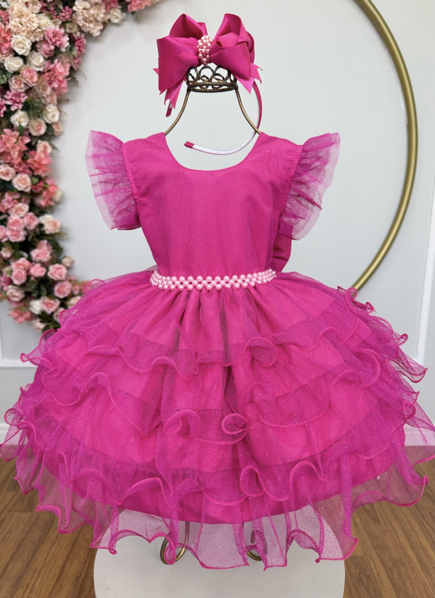 Vestido Infantil Pìnk Saia C/ Babados e Glitter Daminhas