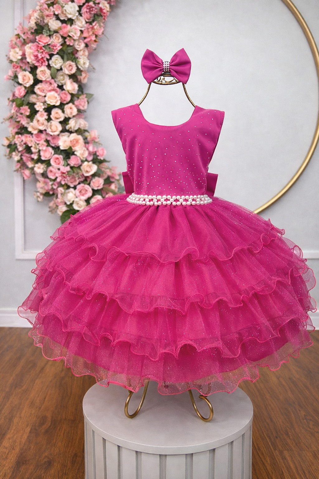 Vestido Infantil Pink Saia C/ Babados e Glitter Festas