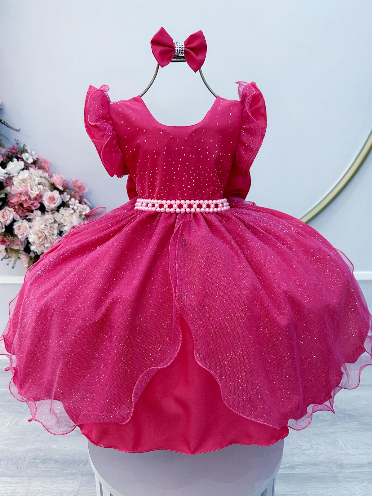 Vestido Infantil Pink Saia C/ Tule e Glitter Daminhas