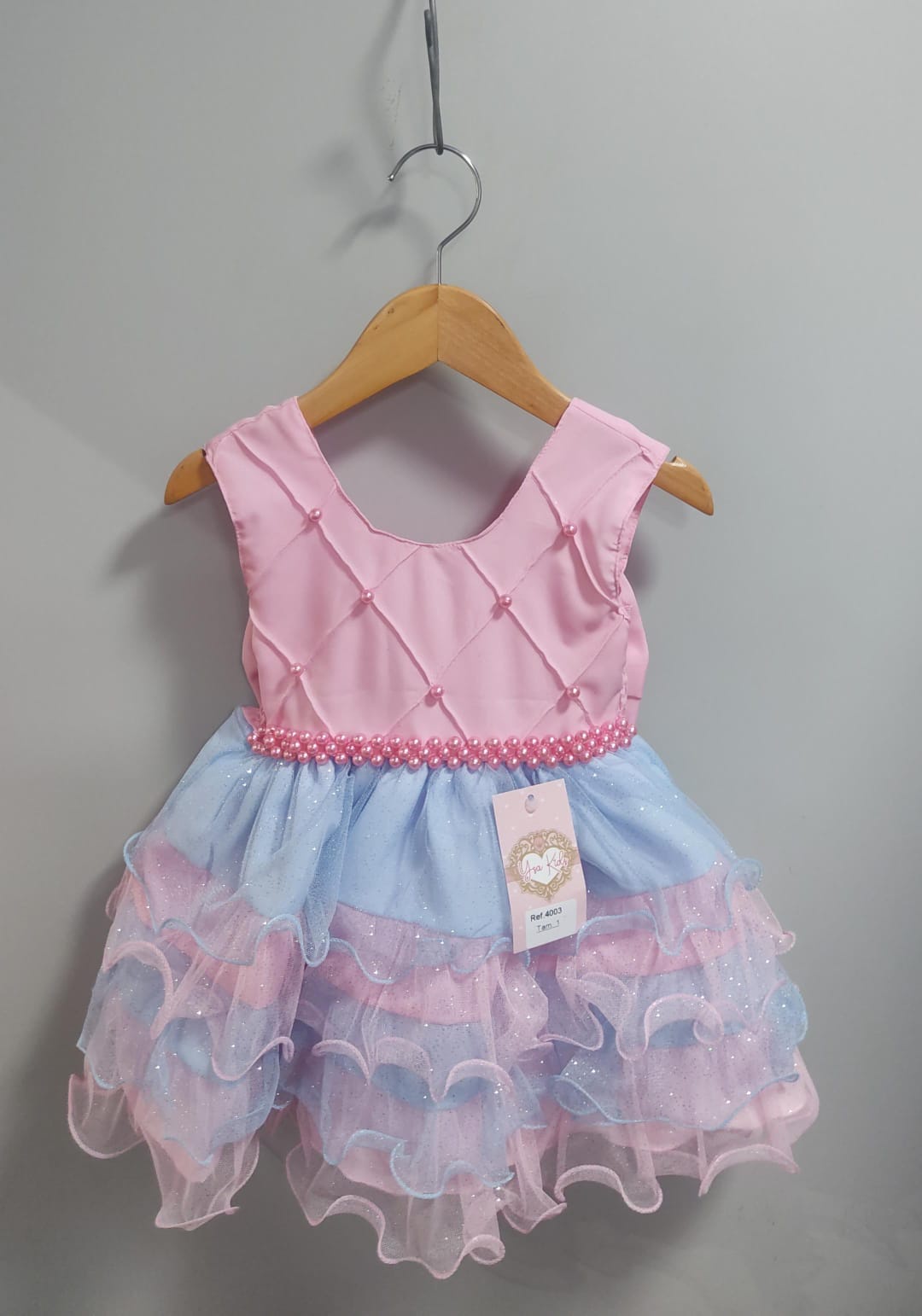 Vestido Infantil Rosa Busto Com Nervura Saia Babados Coloridos