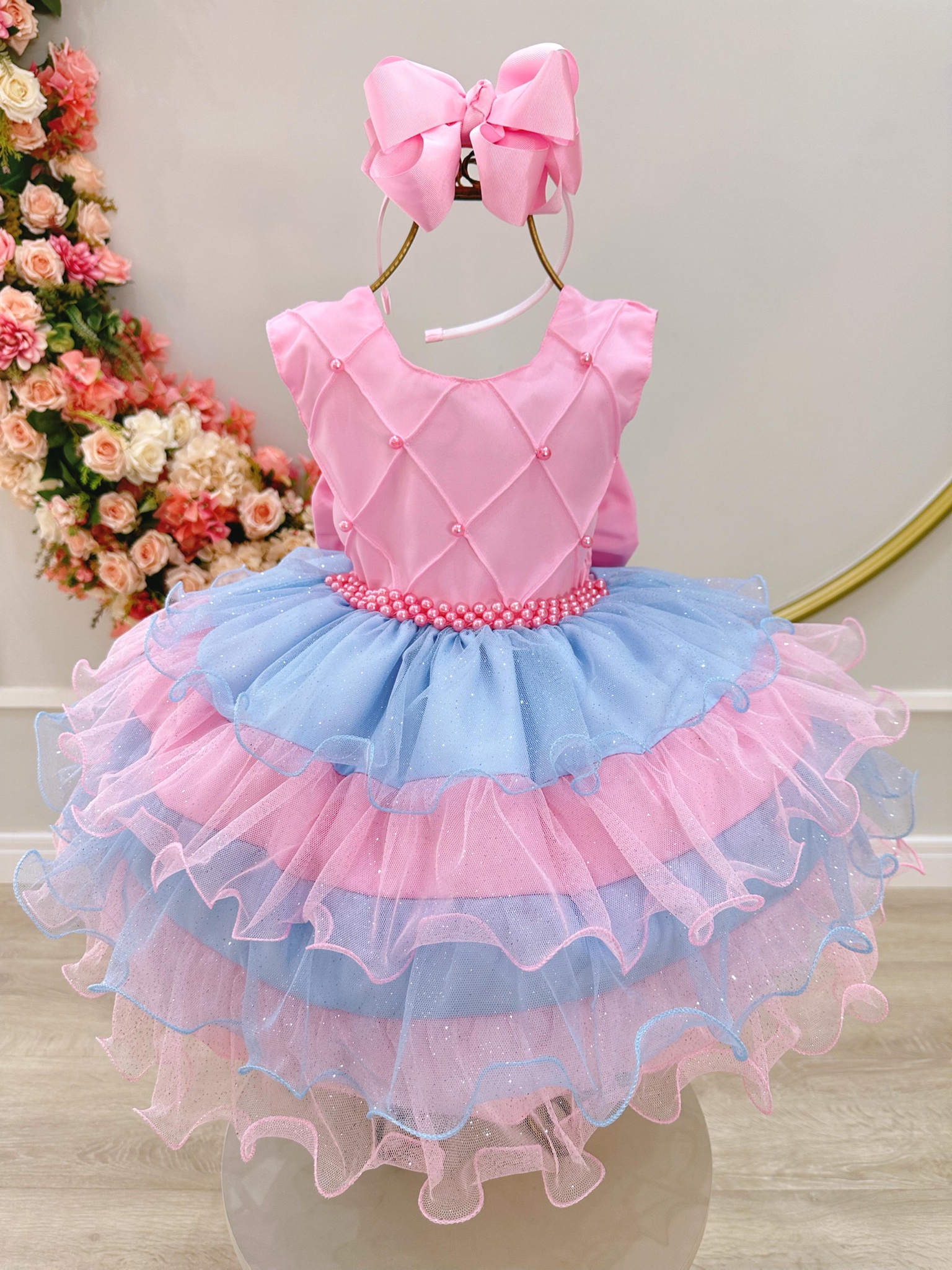 Vestido Infantil Rosa Busto Com Nervura Saia Babados Coloridos