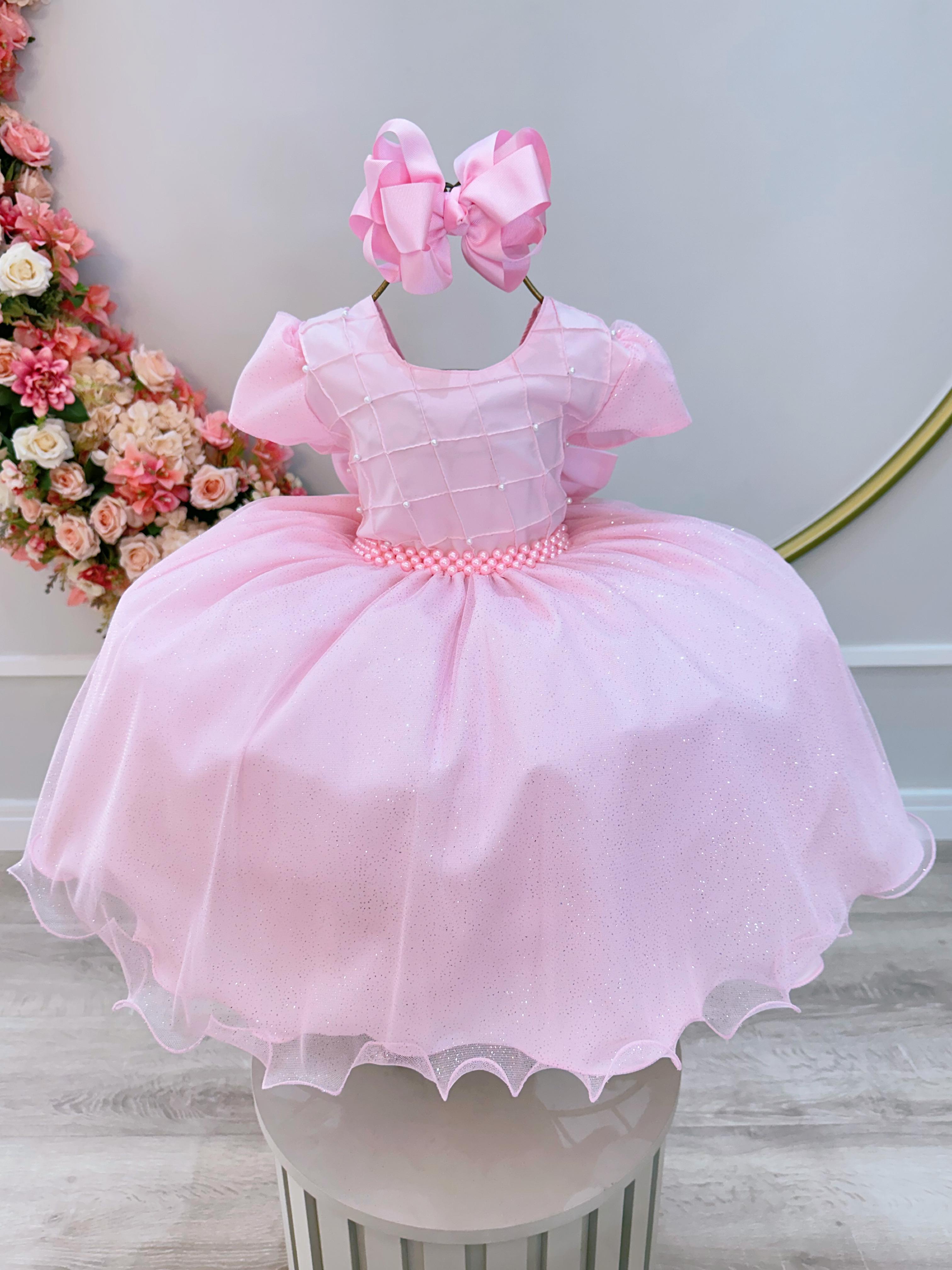 Vestido Infantil Rosa Claro Busto Nervura Pérolas e Glitter