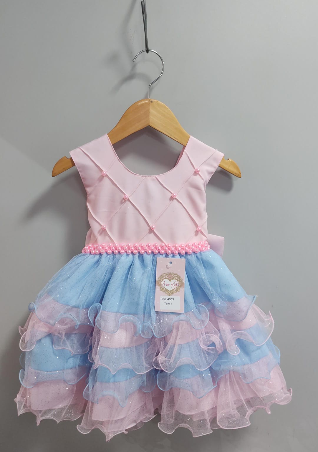 Vestido Infantil Rosa Claro Busto Nervura Saia Babados Coloridos