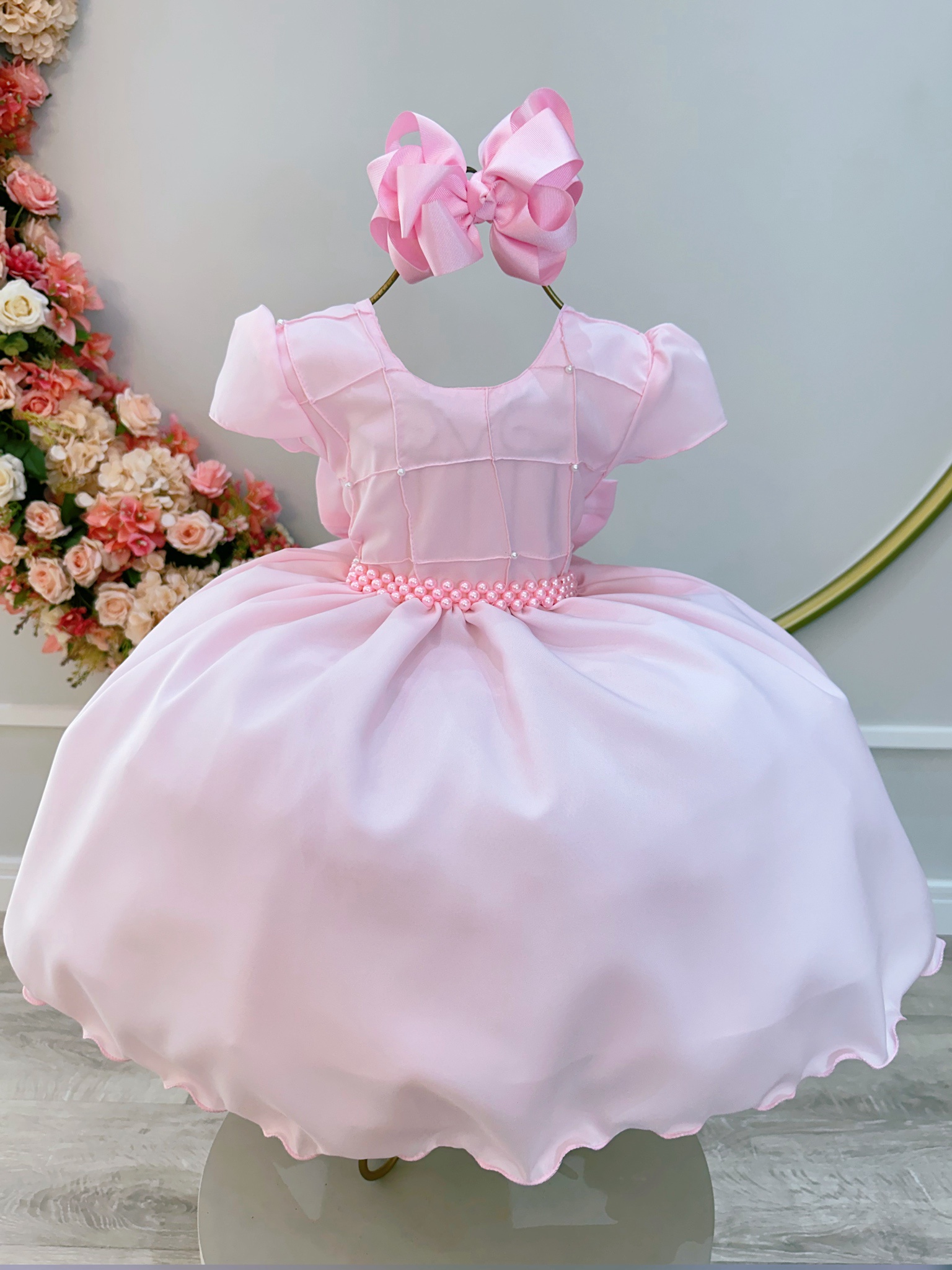 Vestido Infantil Rosa Claro C/ Busto Nervura Pérolas Daminha