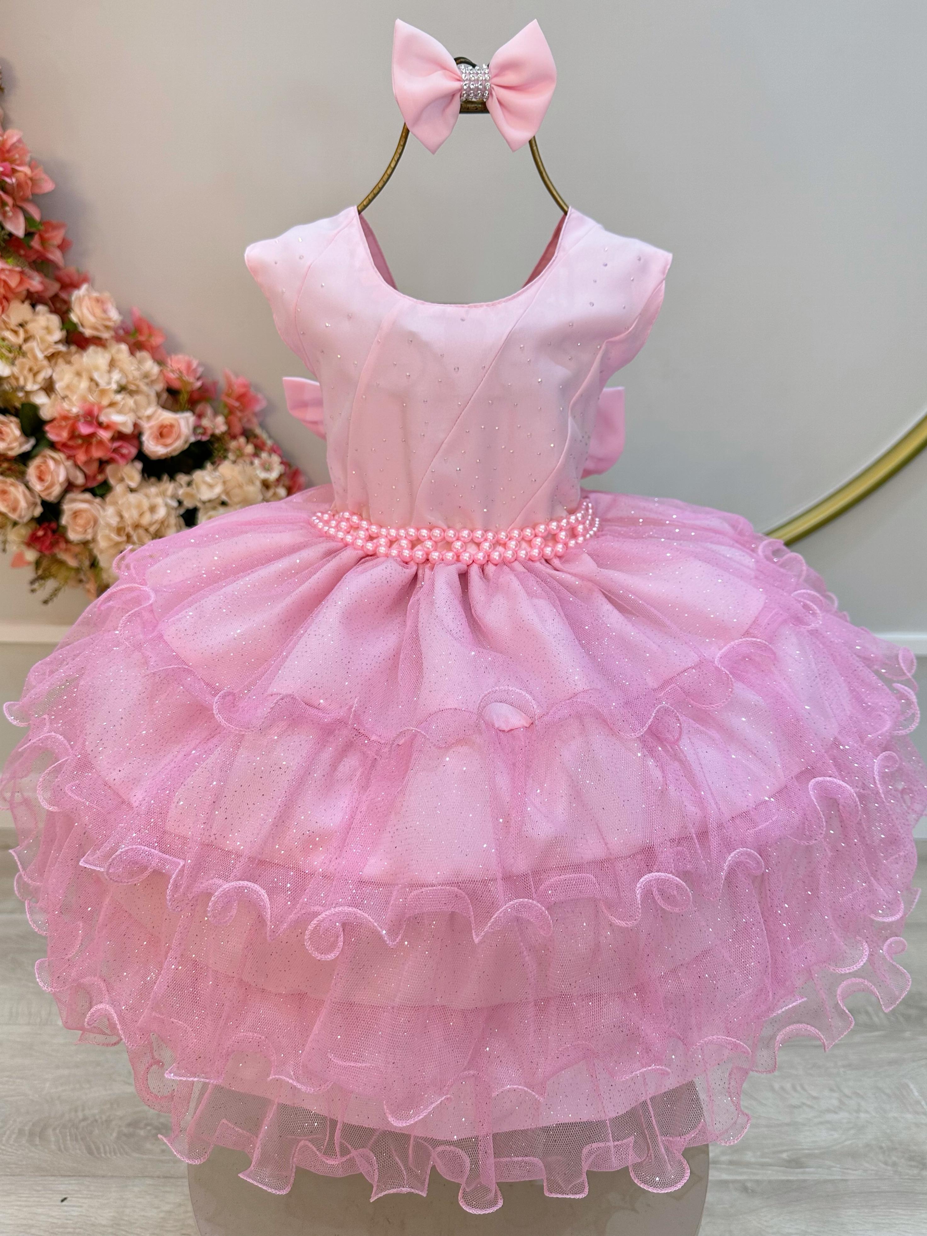 Vestido Infantil Rosa Claro Saia C/ Babados e Glitter Daminha