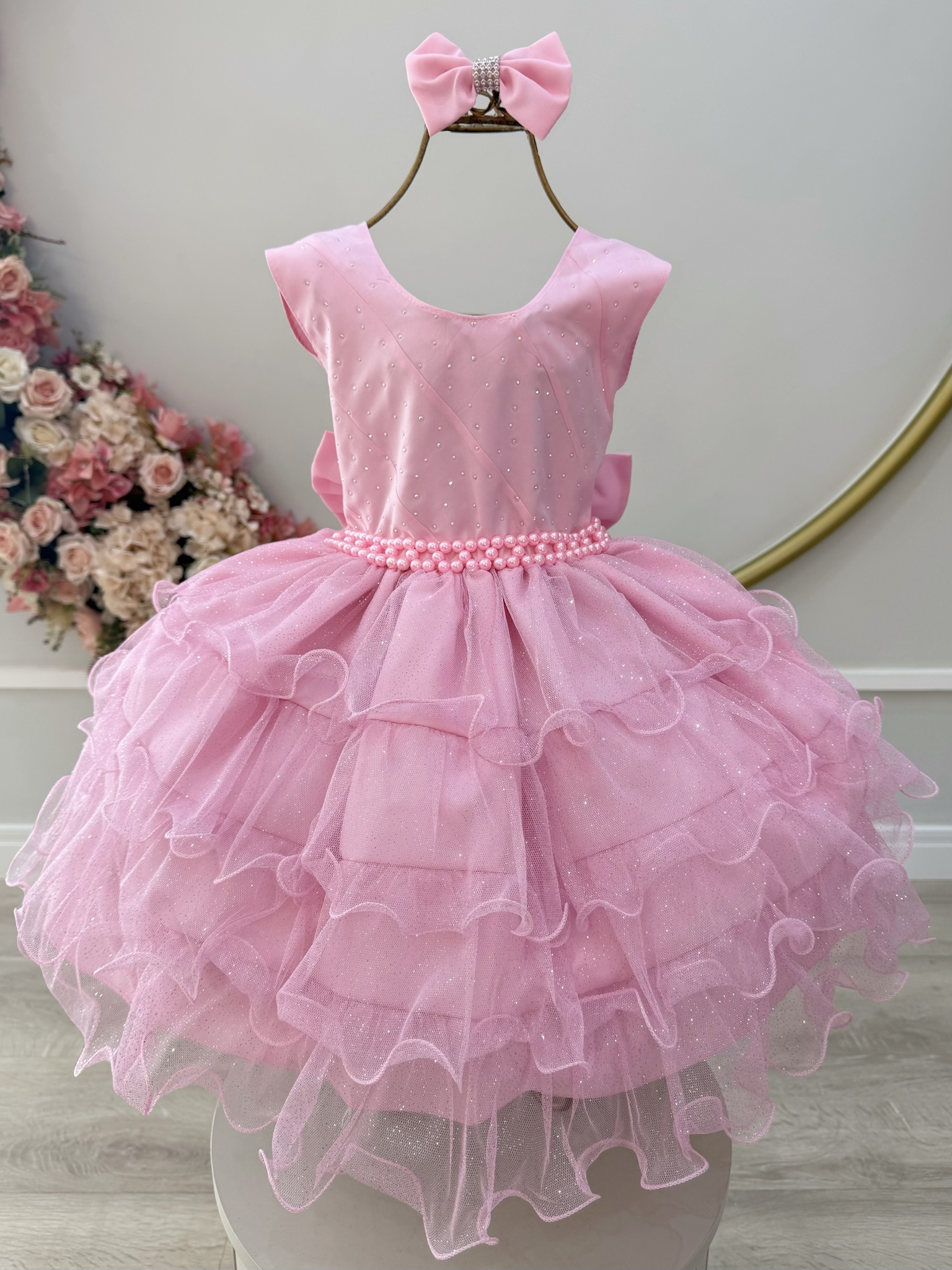 Vestido Infantil Rosa Saia C/ Babados e Glitter Daminha