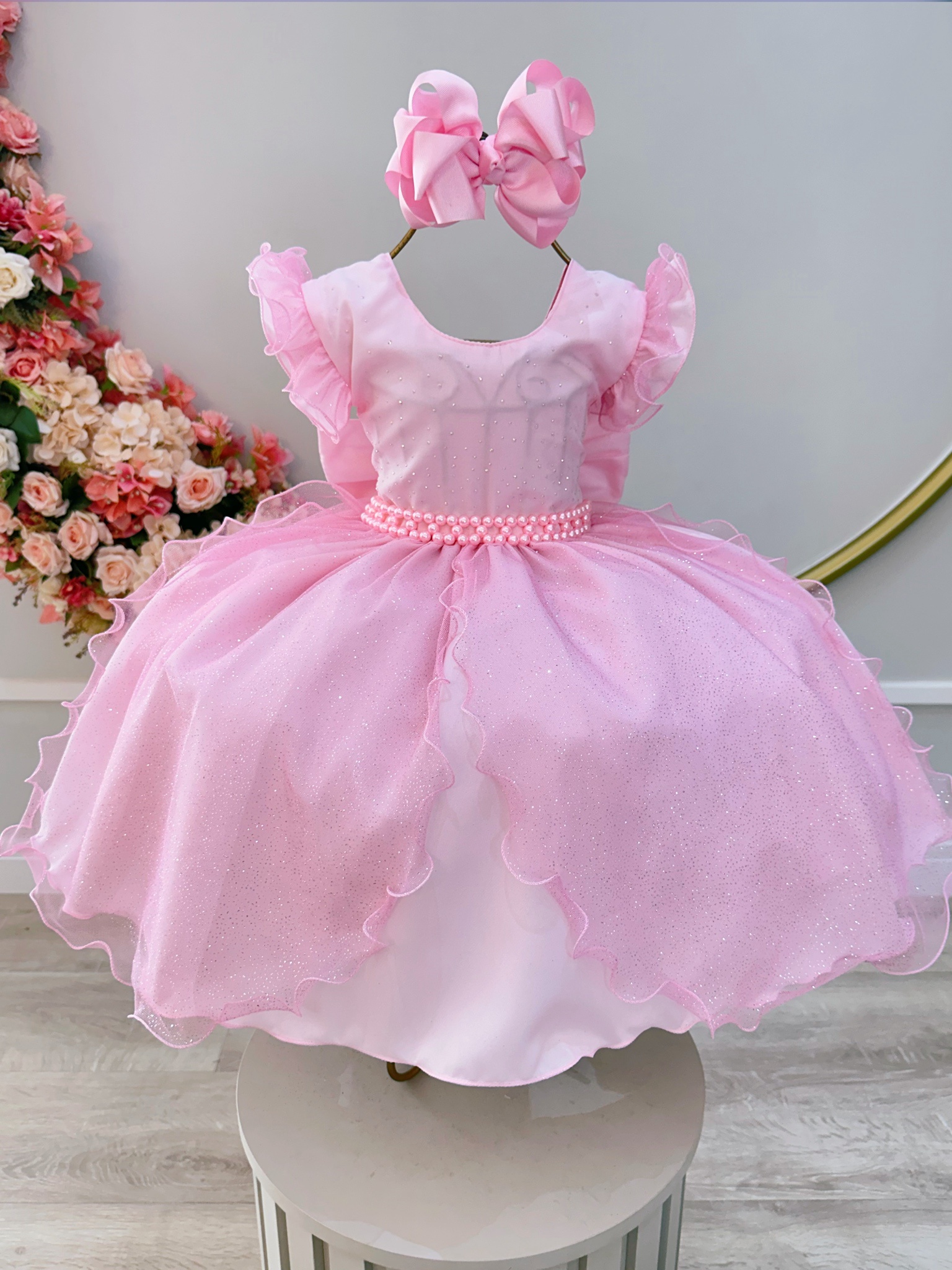 Vestido Infantil Rosa Claro Saia C/ Tule e Glitter Daminha