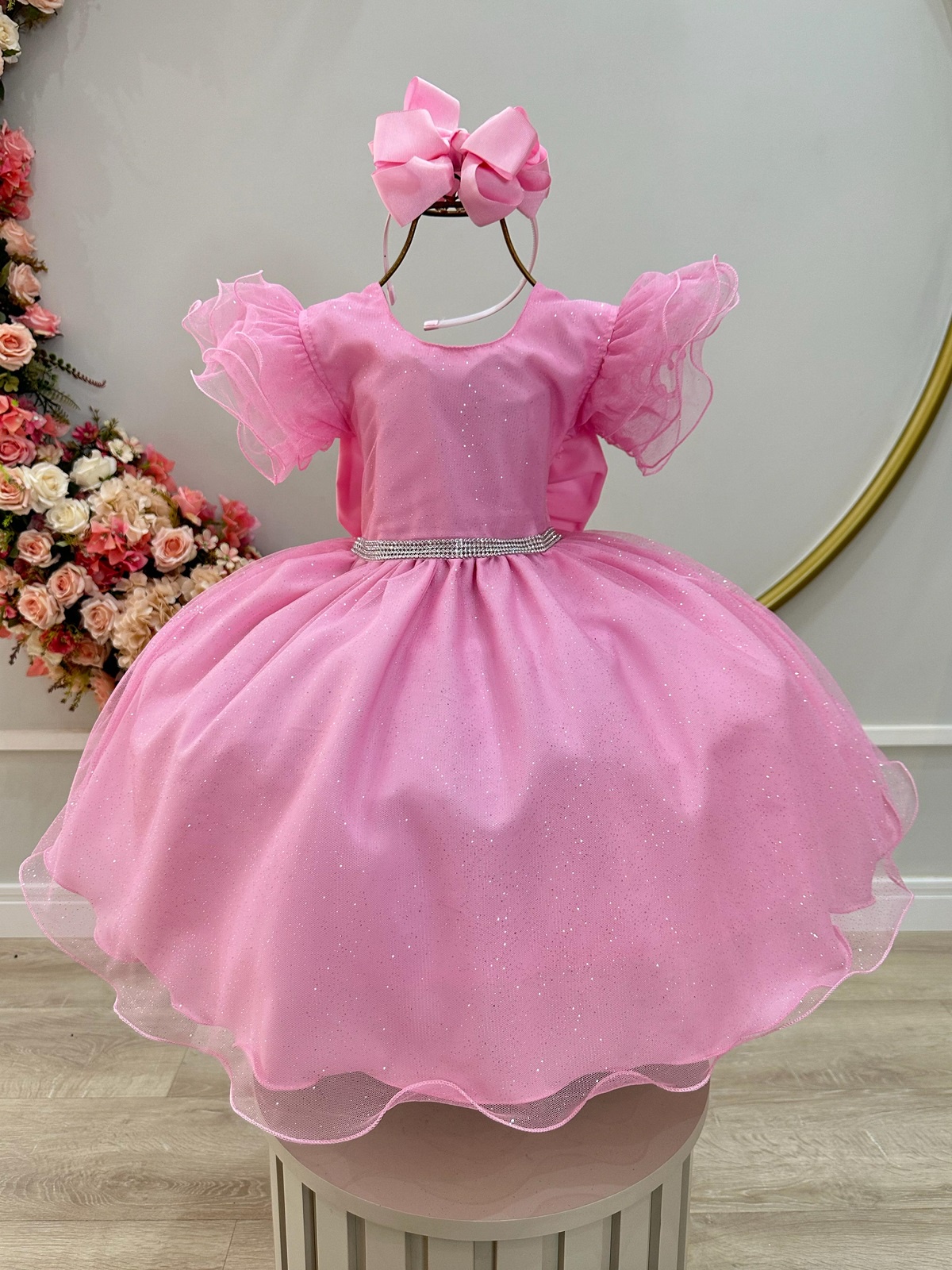 Vestido Infantil Rosa Com Glitter Daminhas Festas