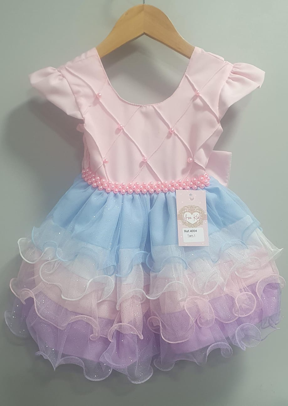 Vestido Infantil Rosa Saia Babados Coloridos Busto Nervura