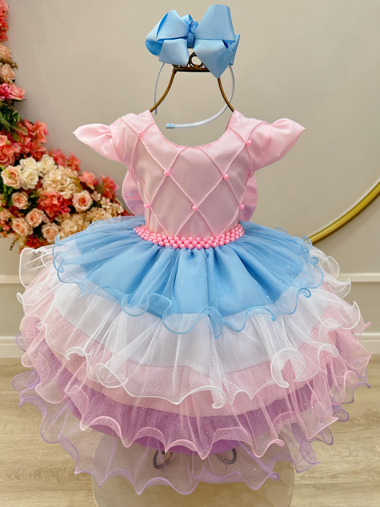 Vestido Infantil Rosa Saia Babados Coloridos Busto Nervura