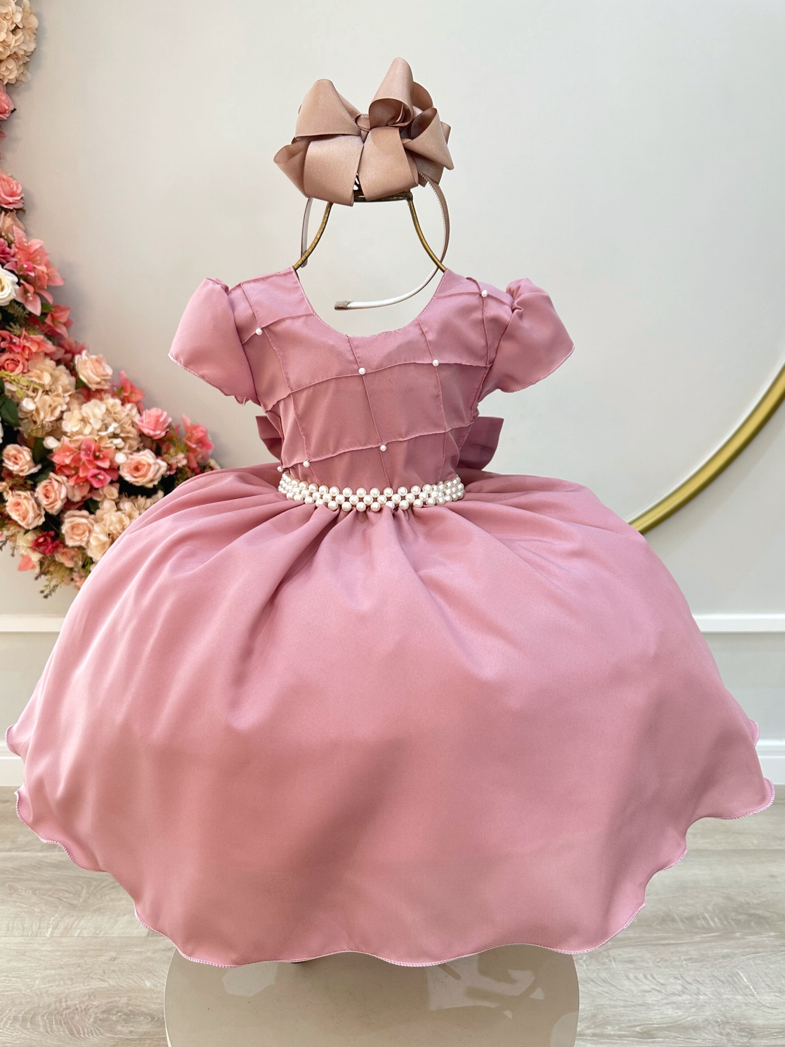 Vestido Infantil Rose Com Busto Nervura Pérolas Daminha