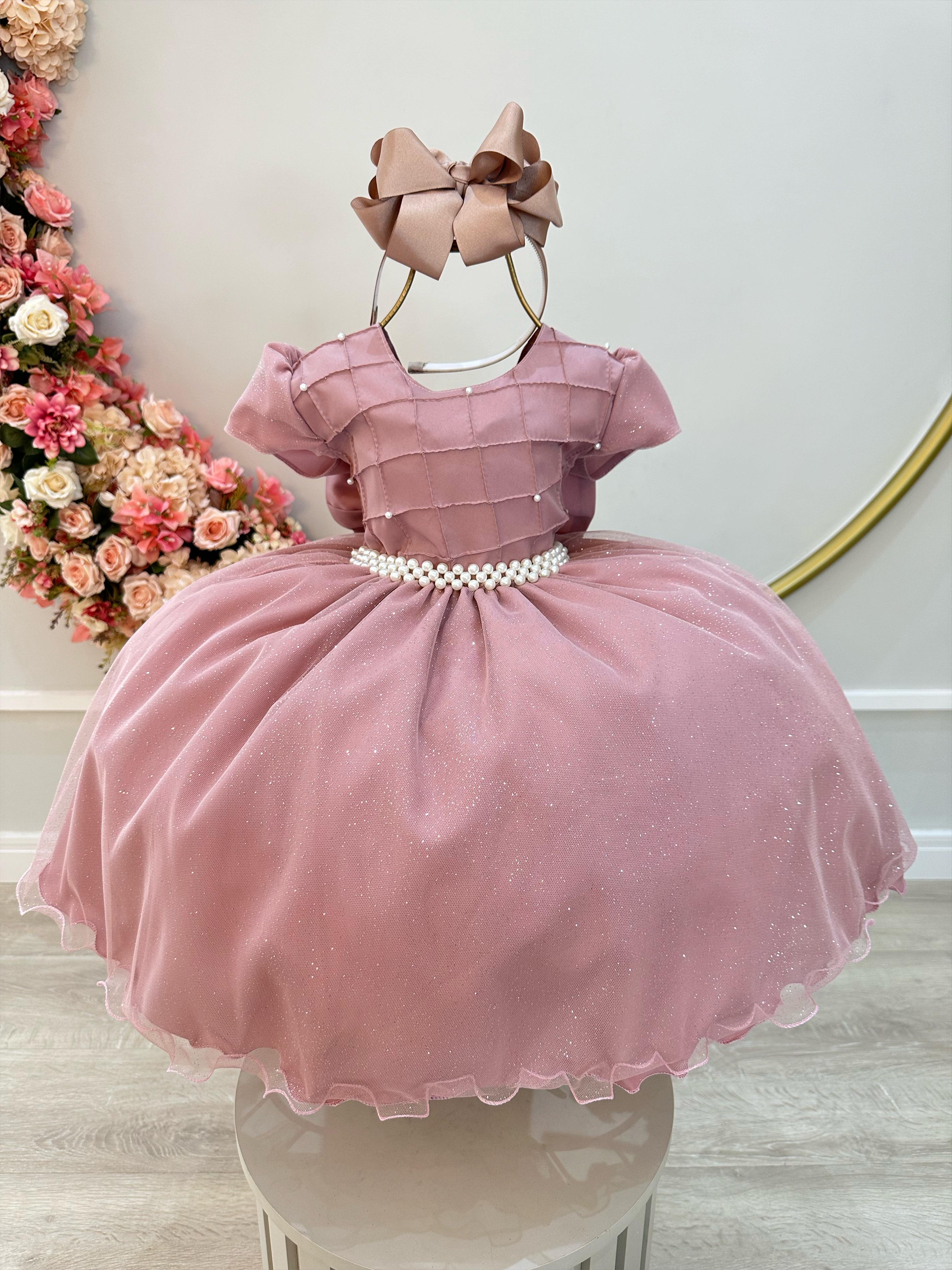 Vestido Infantil Rose Com Busto Nervura Pérolas e Glitter