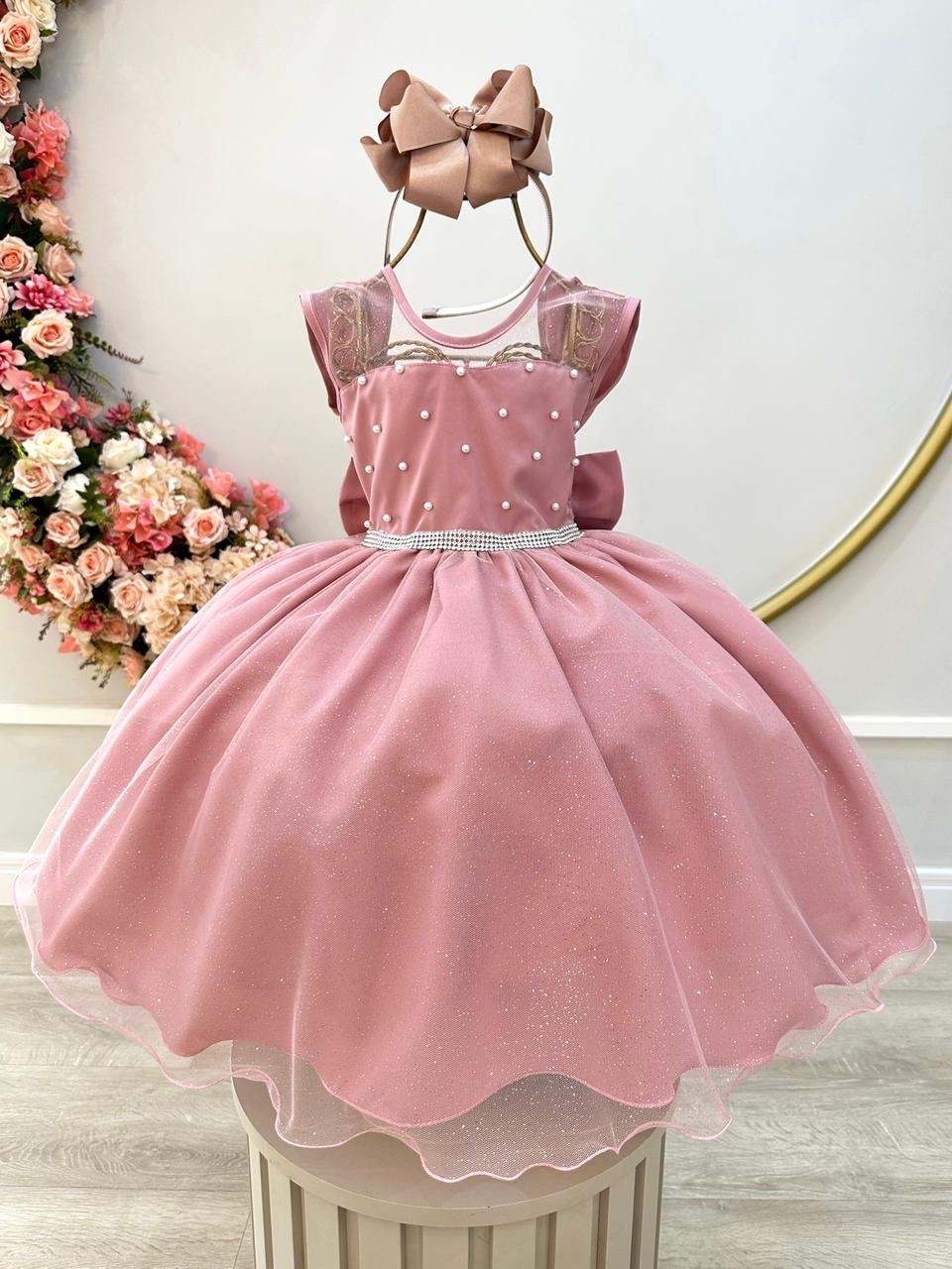 Vestido Infantil Rose com Pérolas Saia C/ Glitter Daminhas