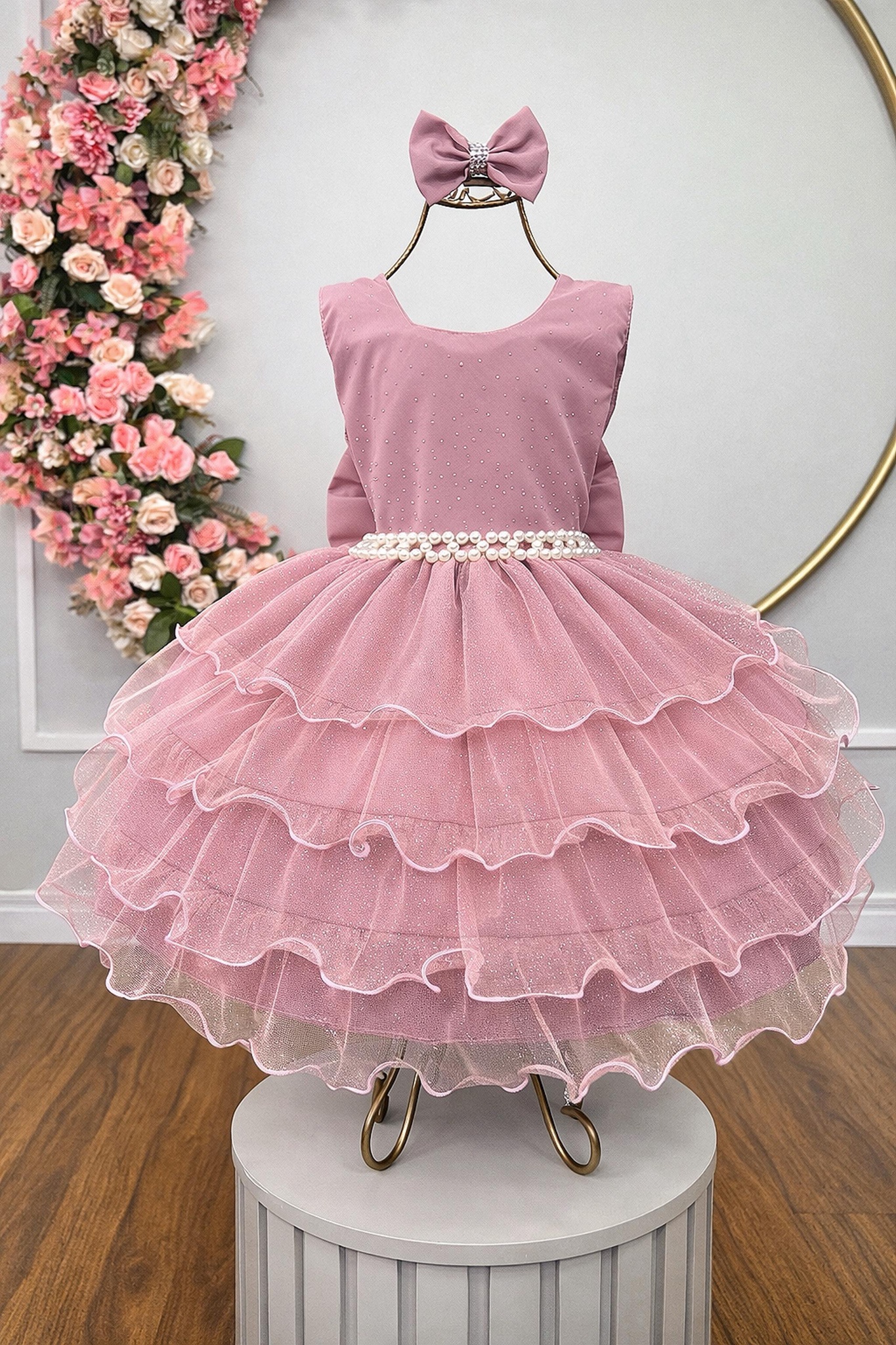 Vestido Infantil Rose Saia C/ Babados e Glitter Daminha