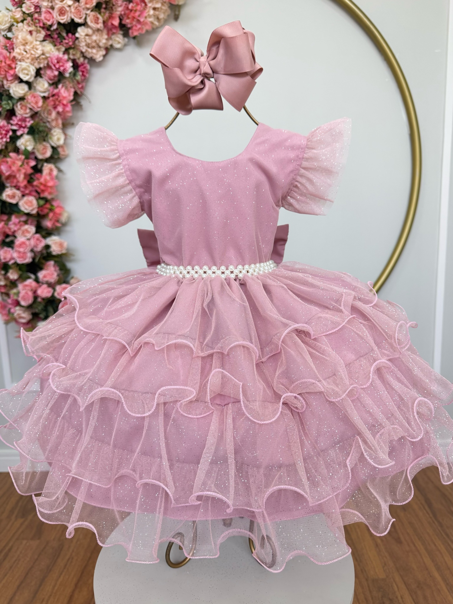Vestido Infantil Rose Saia C/ Babados e Glitter Daminhas