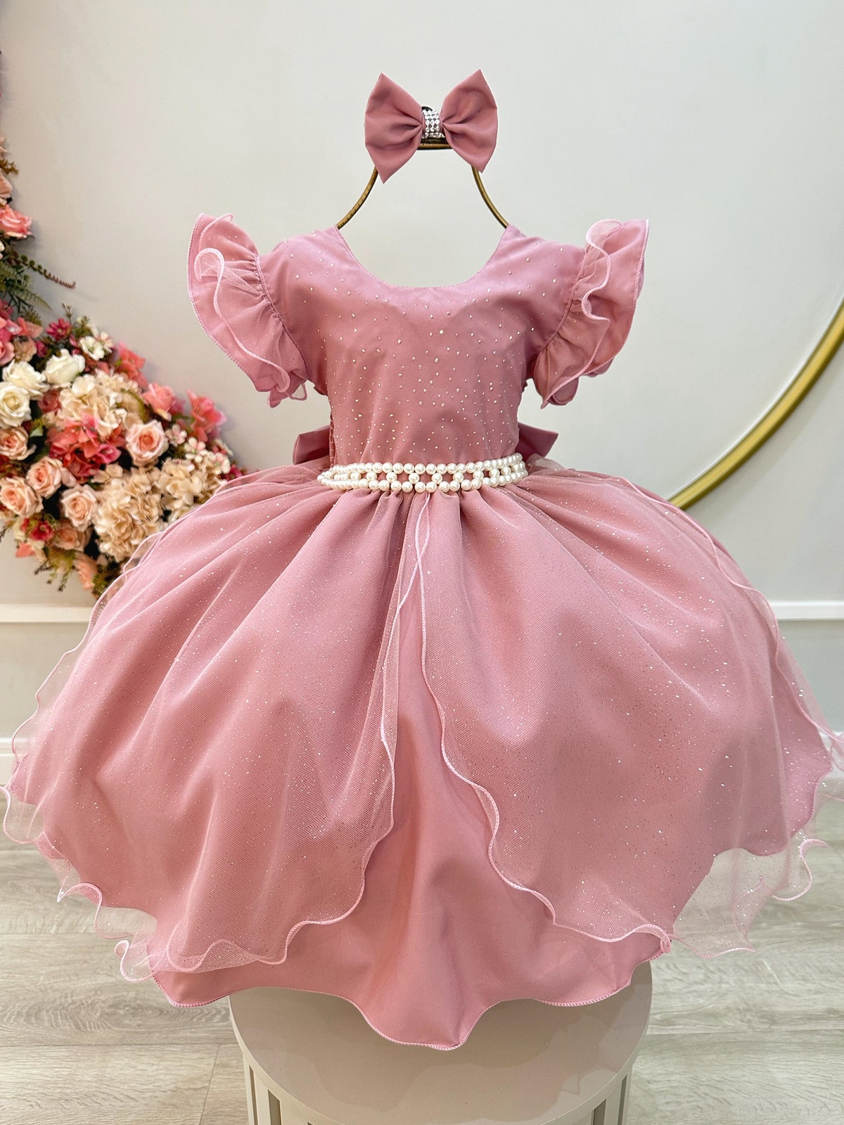 Vestido Infantil Rose Saia C/ Tule e Glitter Daminhas