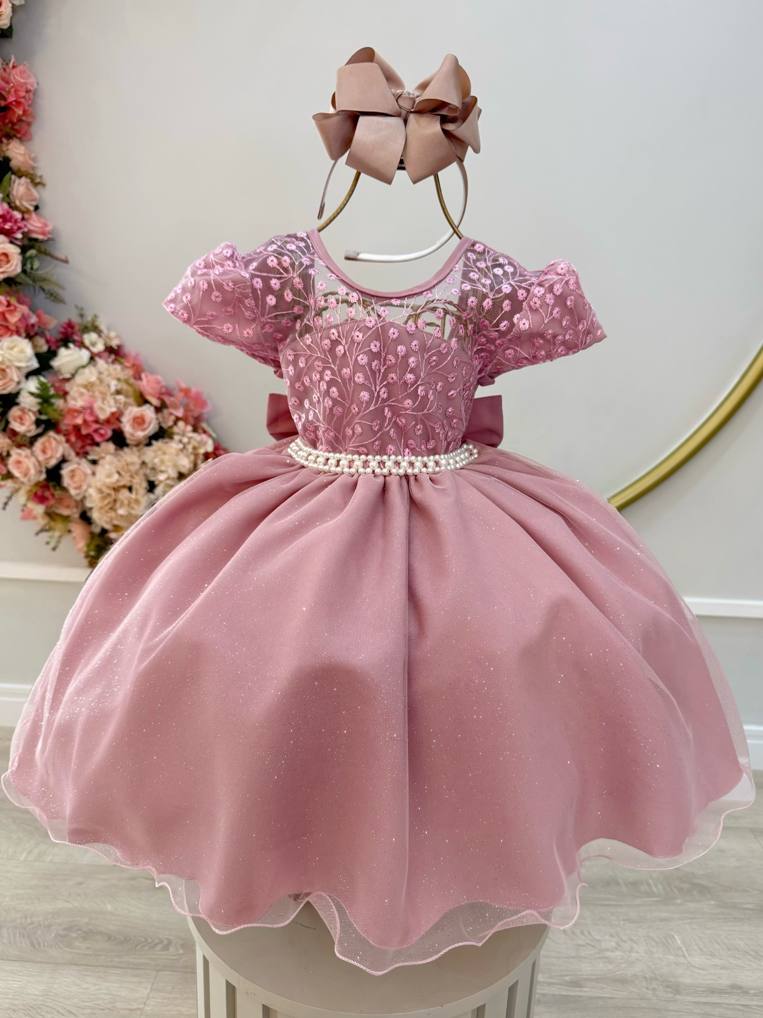 Vestido Infantil Rose Tule Bordado com Glitter Daminhas