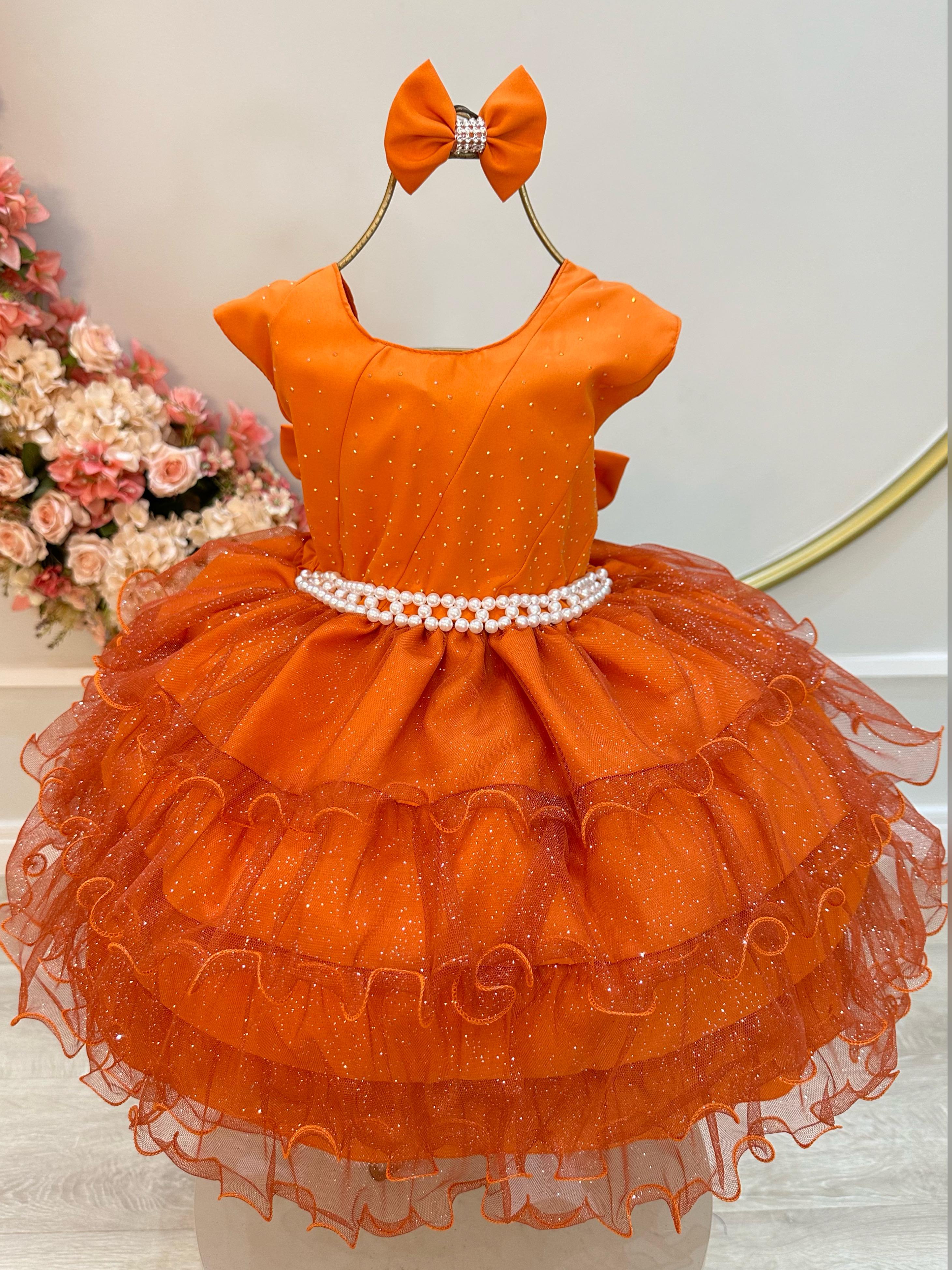 Vestido Infantil Terracota Saia C/ Babados e Glitter Daminha