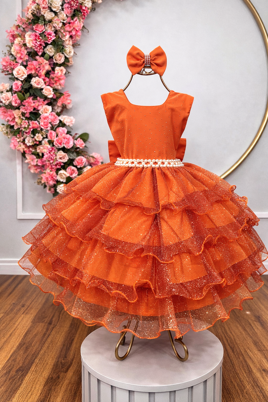 Vestido Infantil Terracota Saia C/ Babados e Glitter Festas