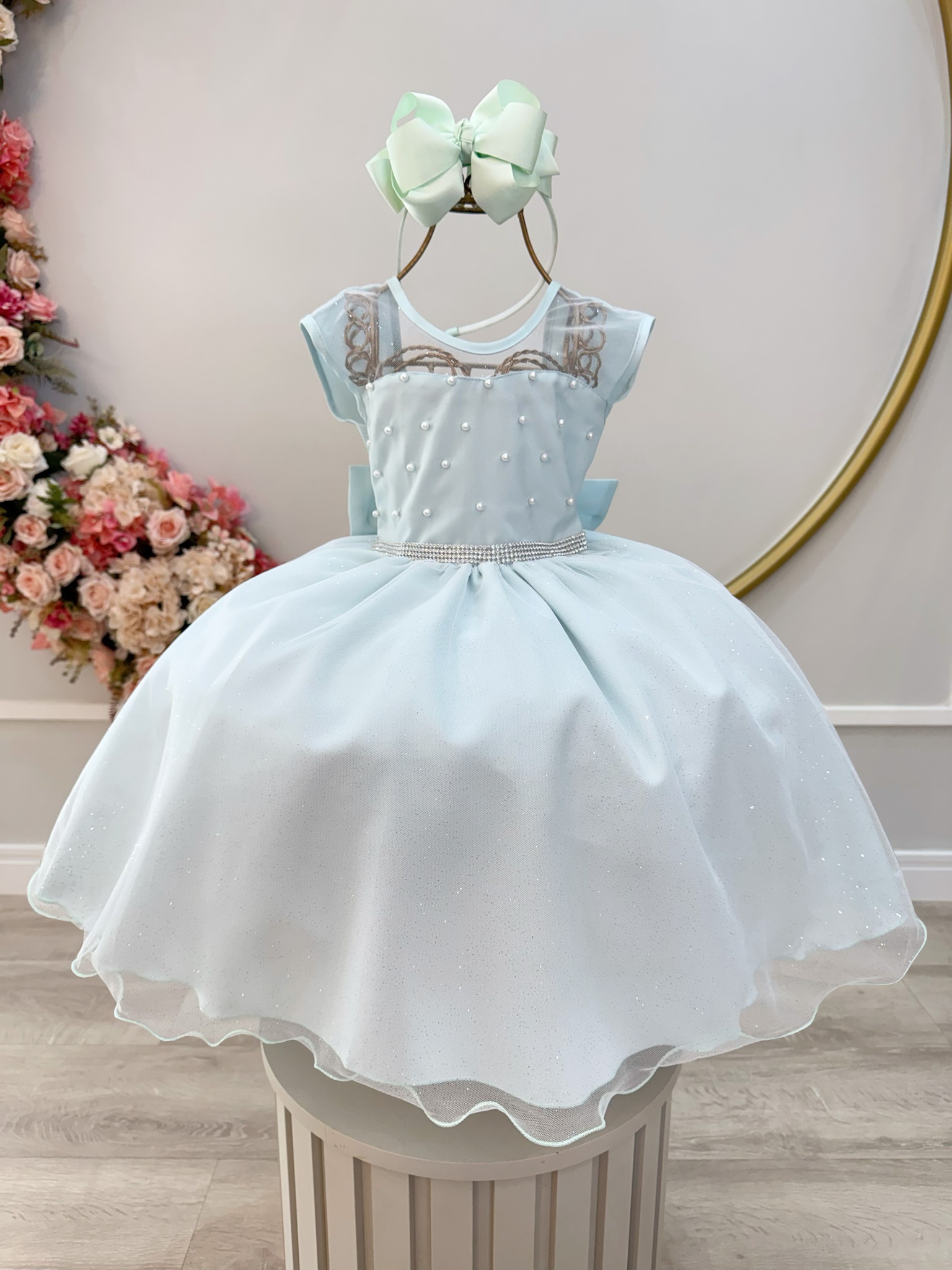 Vestido Infantil Verde Claro Pérolas Saia C/ Glitter Daminhas