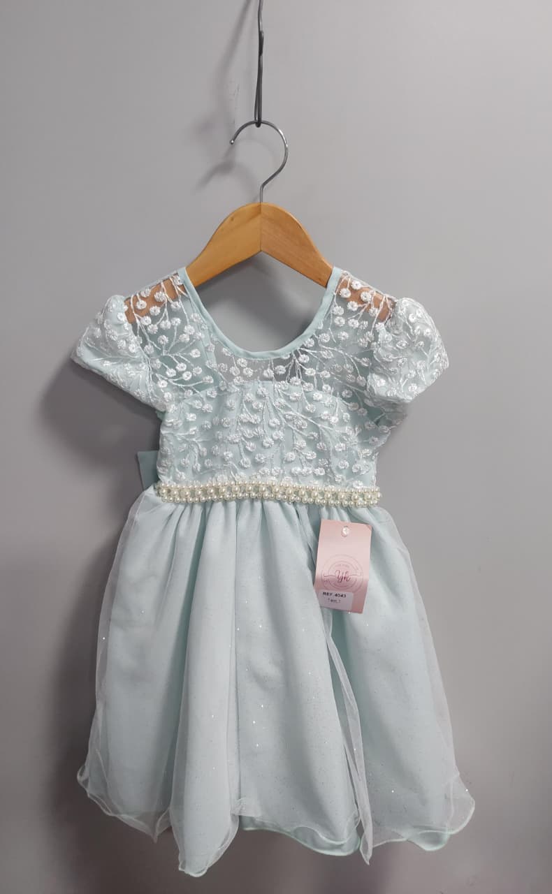 Vestido Infantil Verde Claro Tule Bordado com Glitter Daminhas